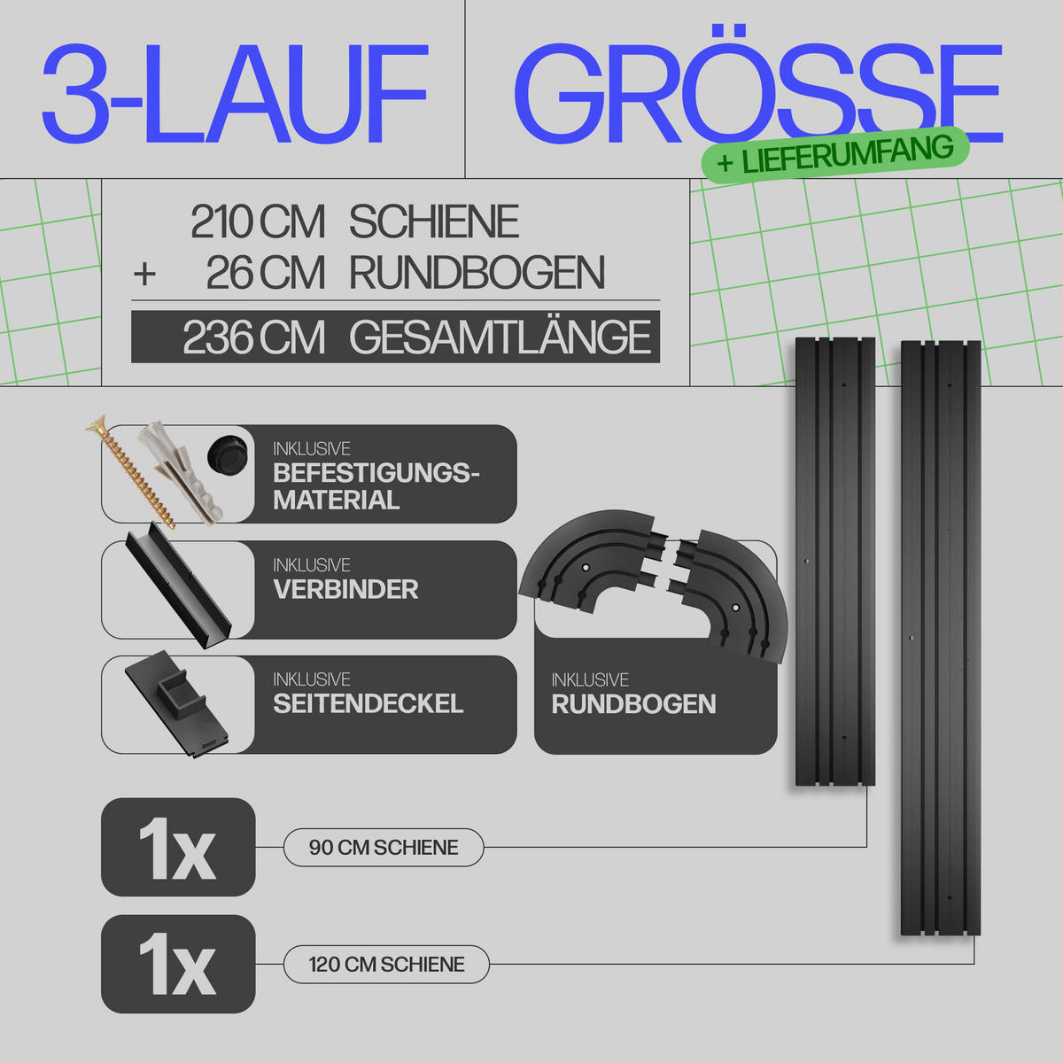 GARDINENSCHIENE inkl. Rundbögen 210cm (1x90/1x120cm) 3-läufig - Schwarz, Kunststoff (10/1.8/210cm)