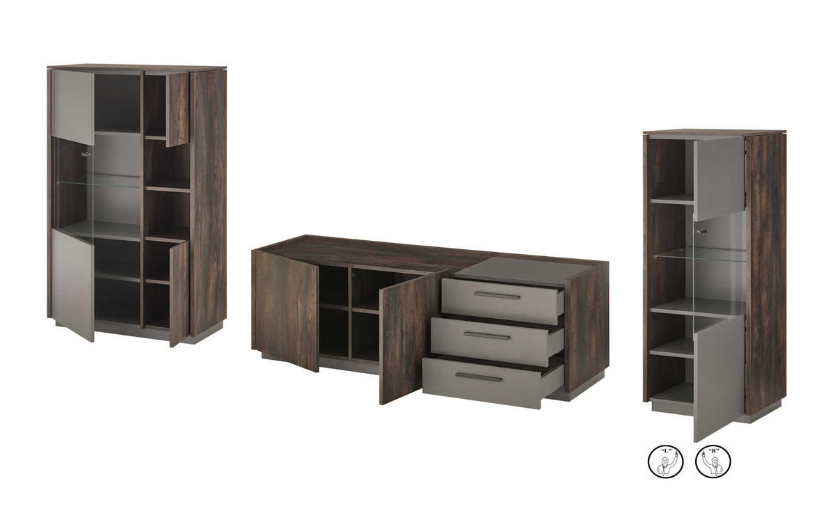 WOHNWAND Thermo Eiche, grau, Wohnkombination 3-teilig 327 cm mit Soft-Close - Eichefarben/Grau, Holzwerkstoff/Metall (327/130/45cm) - Furn.Design