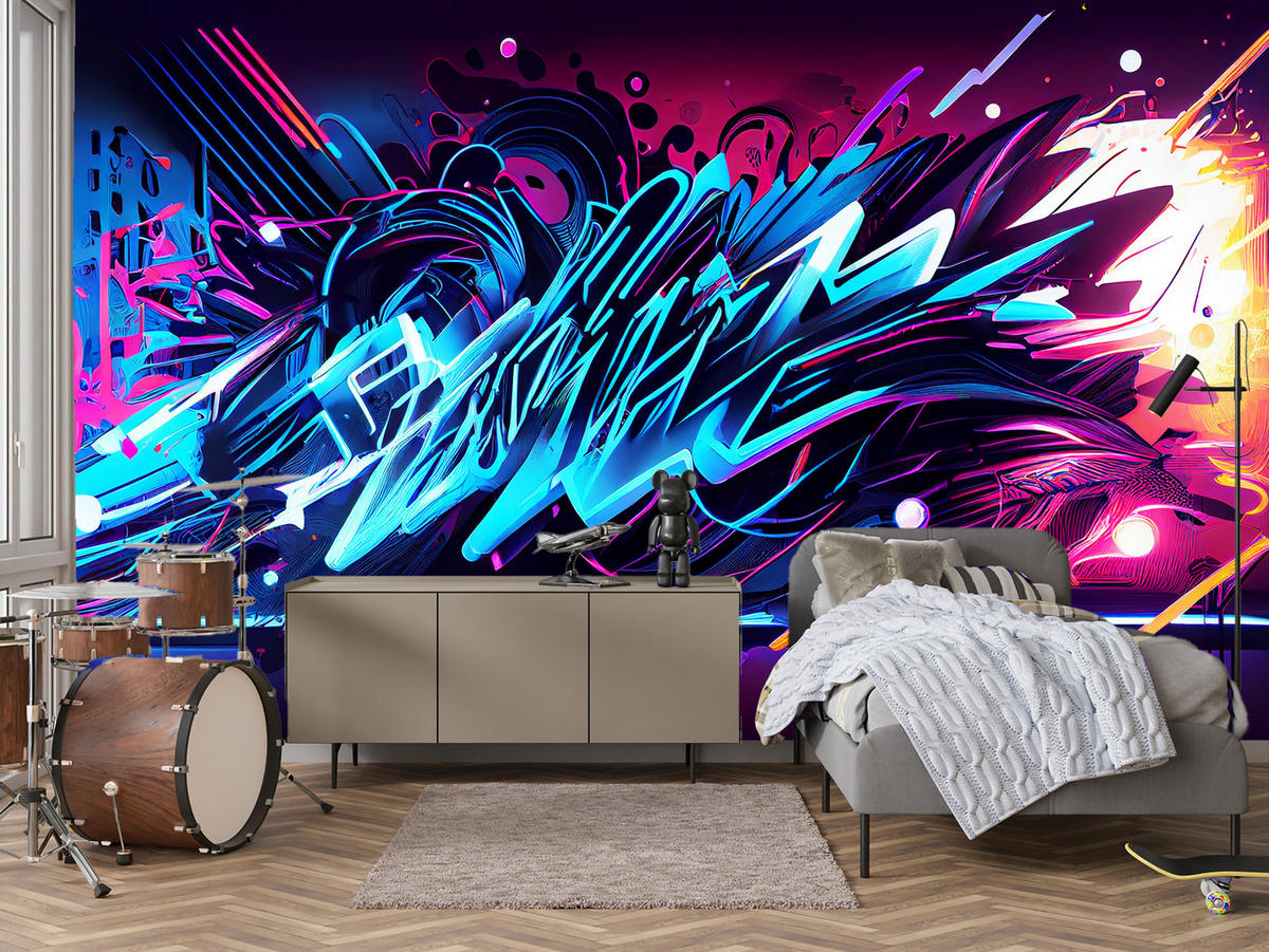 FOTOTAPETE für Jugendzimmer Neon Graffiti Schriften 400x280 - Blau/Gelb, Papier (400/280cm) - Muralo