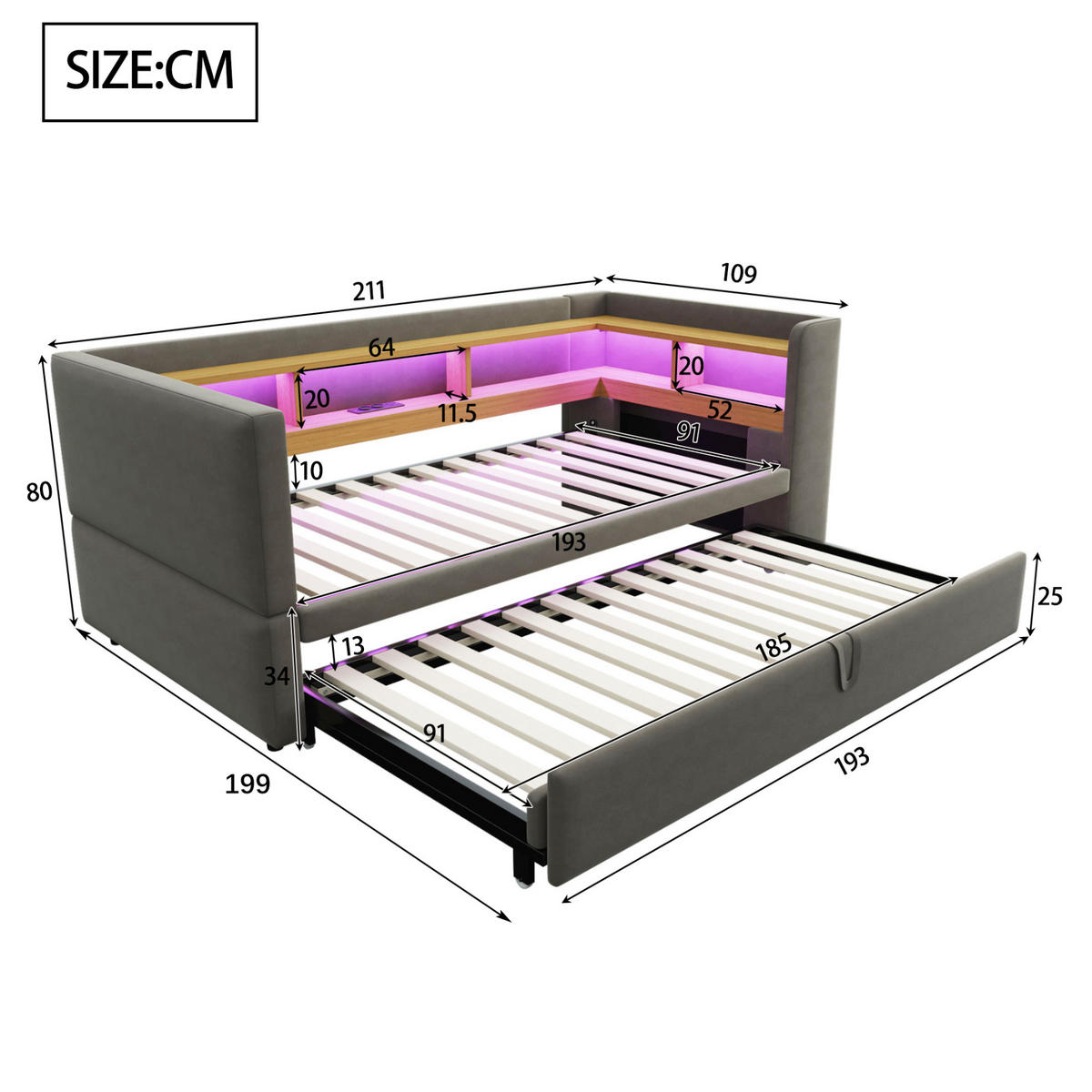 SCHLAFSOFA 90/190 cm mit LED-Beleuchtung, Steckdosen, Ablagefächern und Flanellbezug, Dunkelgrau - Dunkelgrau, Textil (199/80/211cm) - Redom