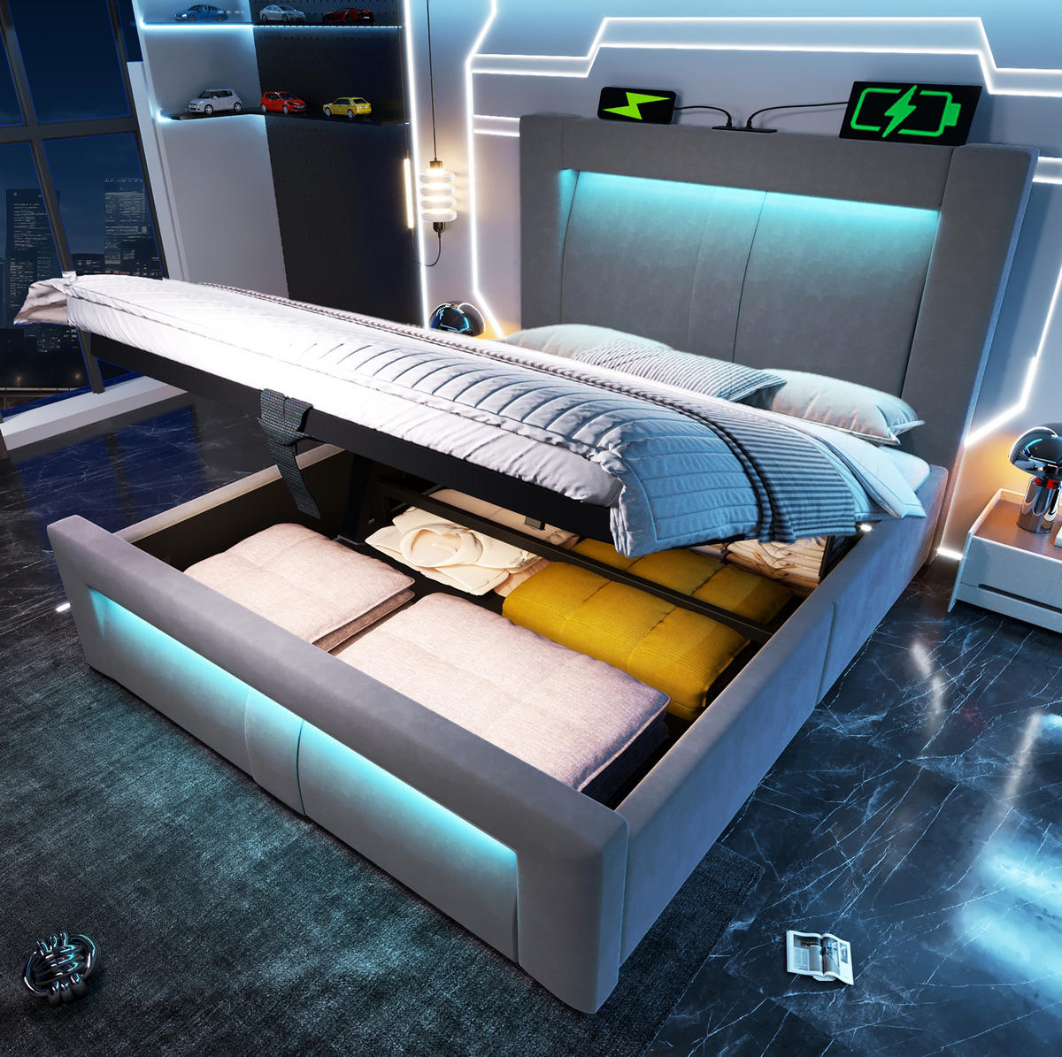 BETT mit Stauraum und LED 90x200 cm Samt Grau - Grau, Metall (90/200cm) - Meubliv