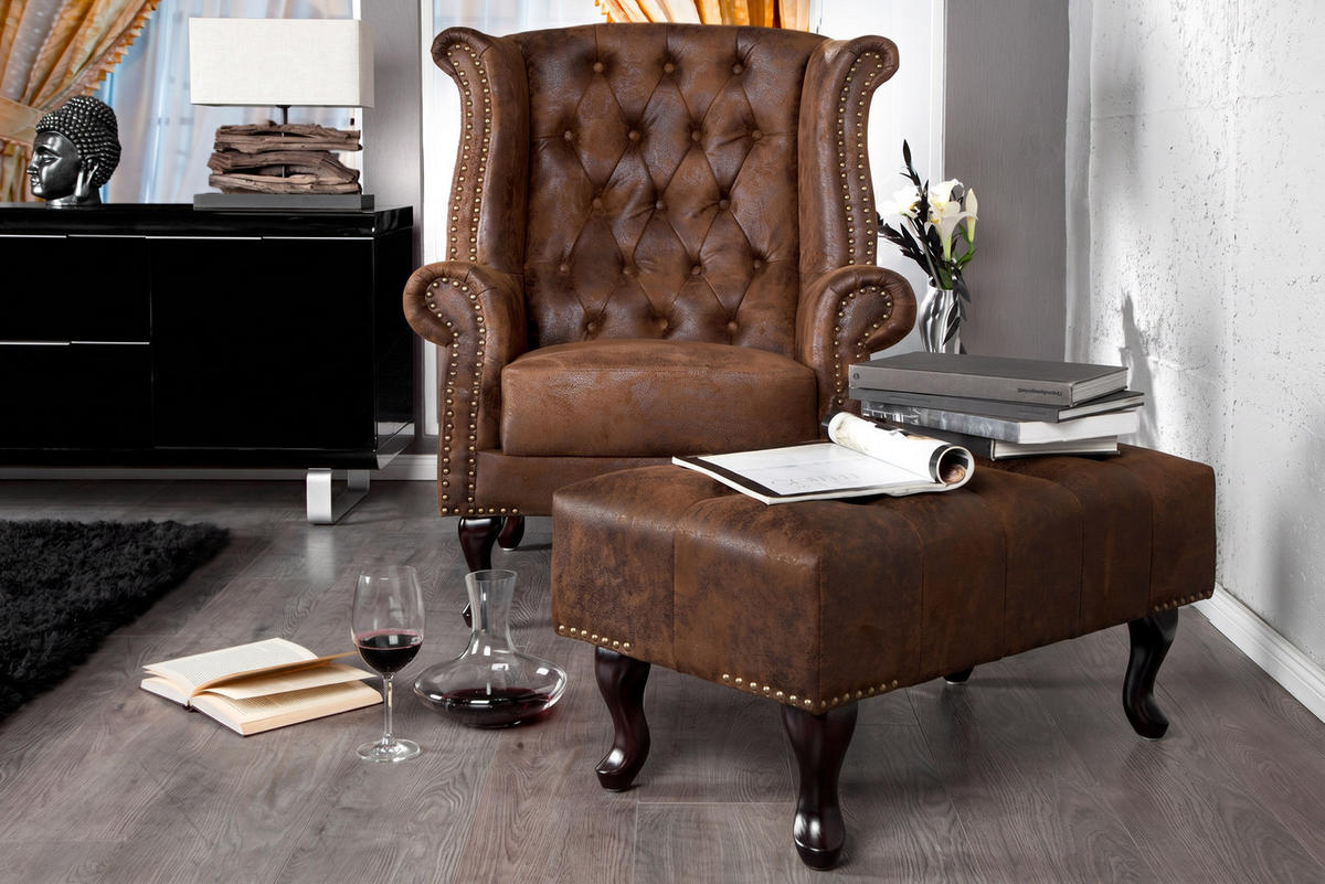 HOCKER CHESTERFIELD Microfaser Braun 80 cm - Braun, Holz/Textil (80/40/45cm) - riess-ambiente