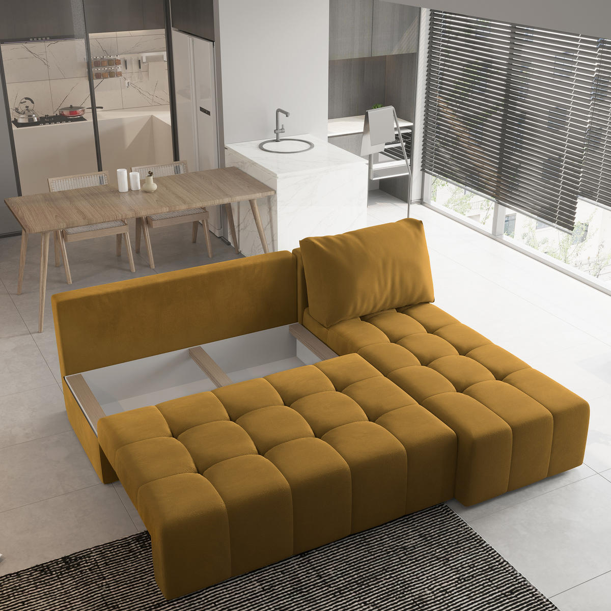 ECKSOFA DOMIRA Gelb Plüsch-Stoff mit Schlaffunktion - Gelb, Holz (200/141cm) - MASSENO