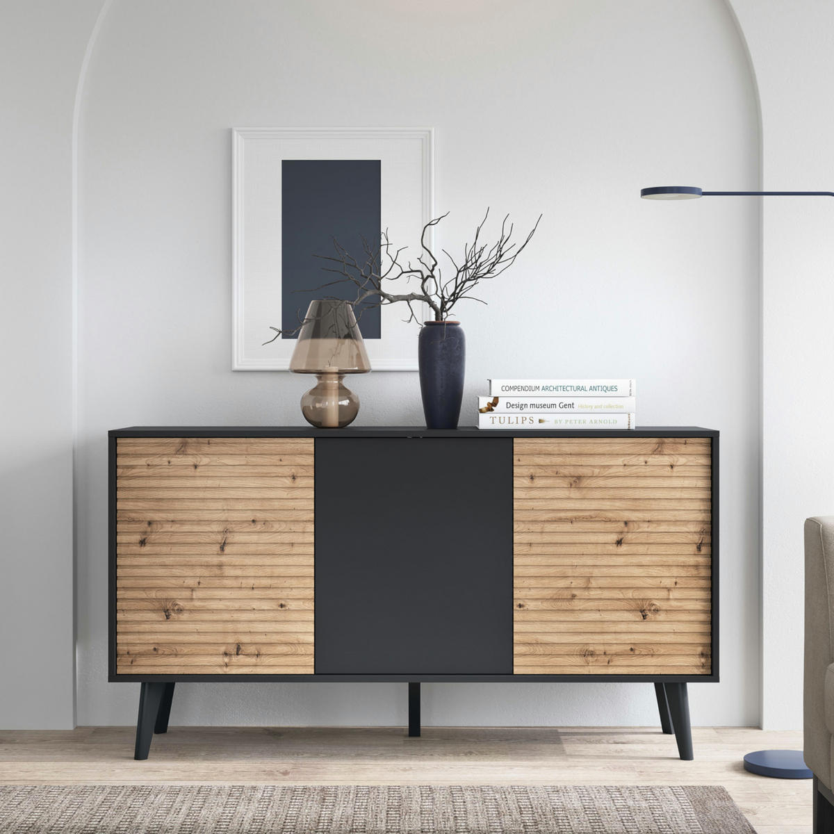 SIDEBOARD Saskatoon K154 – Schwarz, Artisan-Eiche - Schwarz/Eiche Artisan, Glas/Holzwerkstoff (154/83/39cm) - Komodee