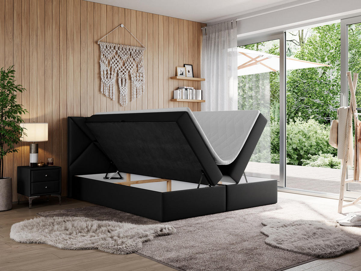 BOXBETT NEOMI 120/200 - Schwarz Kunstleder - H3 - Topper T25 - Schwarz, Holz/Textil (120/200cm)