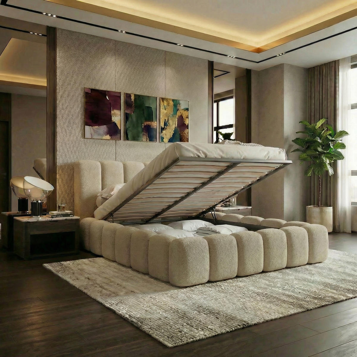 POLSTERBETT VELORA 140x200cm mit Bettkasten & Metallgestell - Bouclé Stoff CAPPUCCINO GERRA - Cappuccino, Textil - Luxkor24