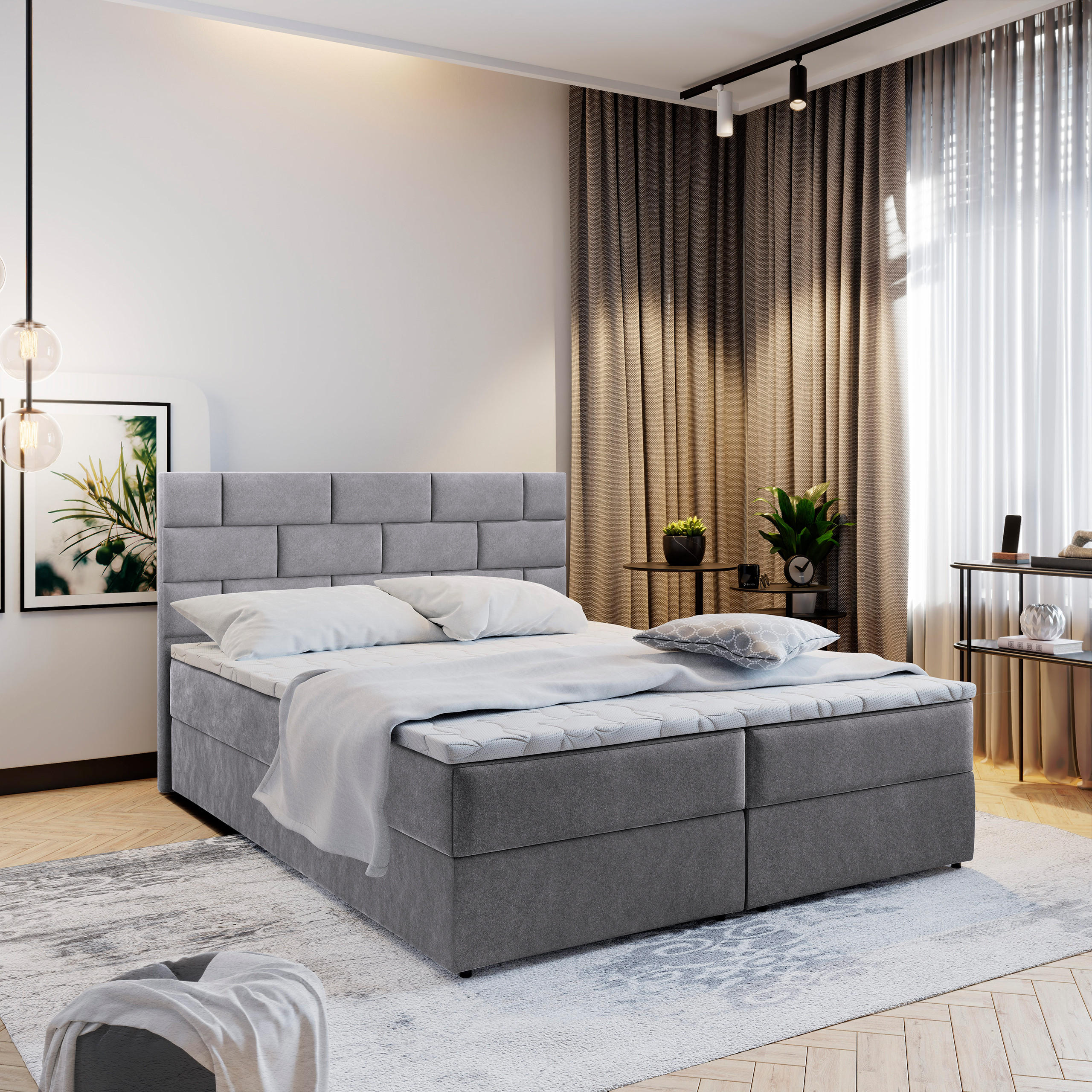 BOXBETT KERLO 180x200 cm mit Matratze und Topper - Grau - Grau, Holz (180/200cm) - MASSENO