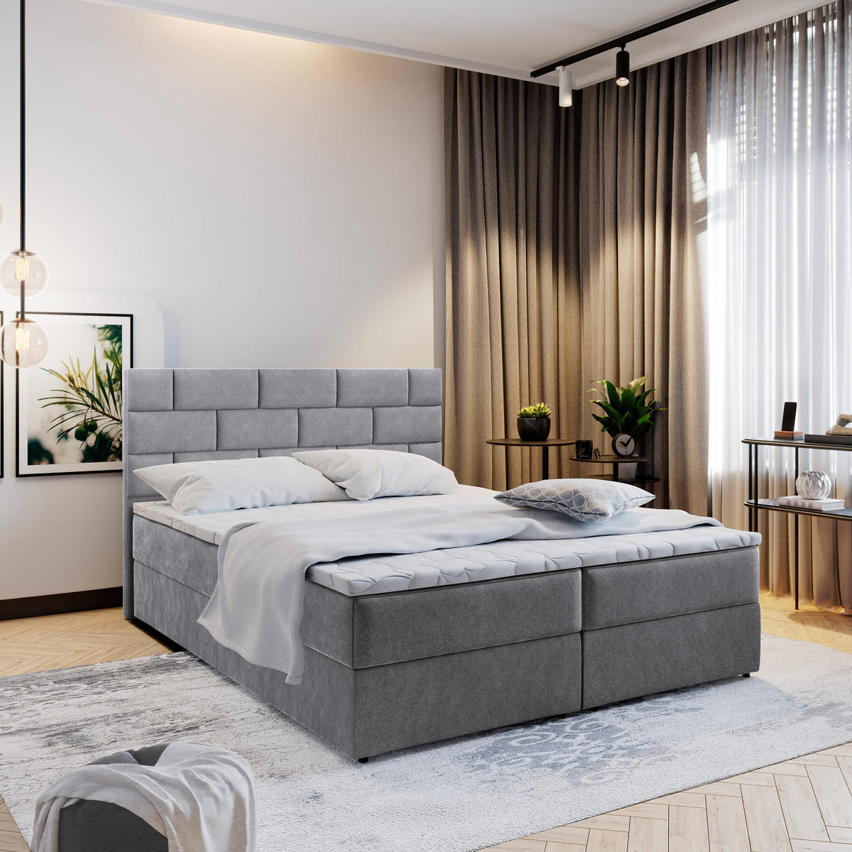 BOXBETT KERLO 140x200 cm mit Matratze und Topper - Grau - Grau, Holz (140/200cm) - MASSENO