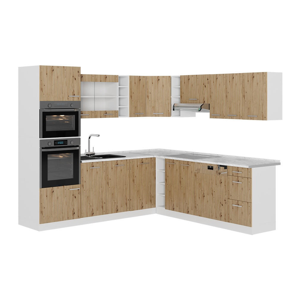 EINBAUKÜCHE R-Line, Artisan-Eiche/Weiß, 247 x 237 cm ohne Arbeitsplatte - Eiche Artisan/Weiß, Holzwerkstoff (247/206.8/46cm) - Vicco