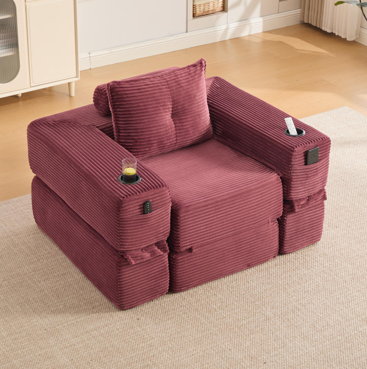 KLAPPSOFA aus Cord mit Seitenfach und Getränkehalter 122 cm Wine Red - Rot, Kunststoff (98/80/122cm) - Meubliv
