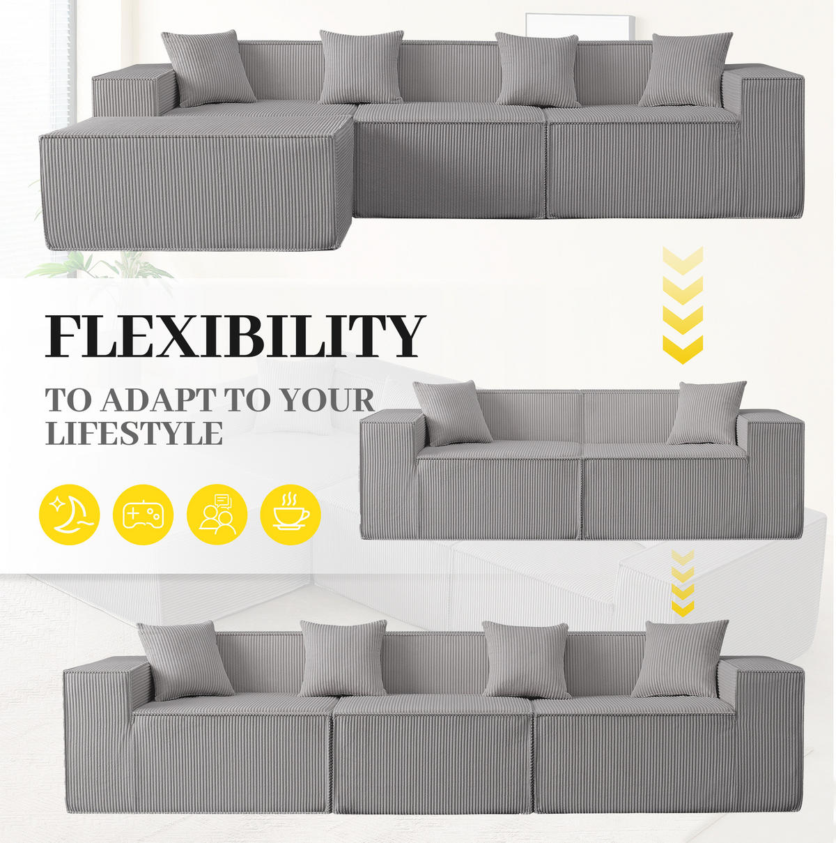 SOFA modular 3-Sitzer Struktur-Cordstoff Grau - Grau, Textil (165/279cm) - Meubliv
