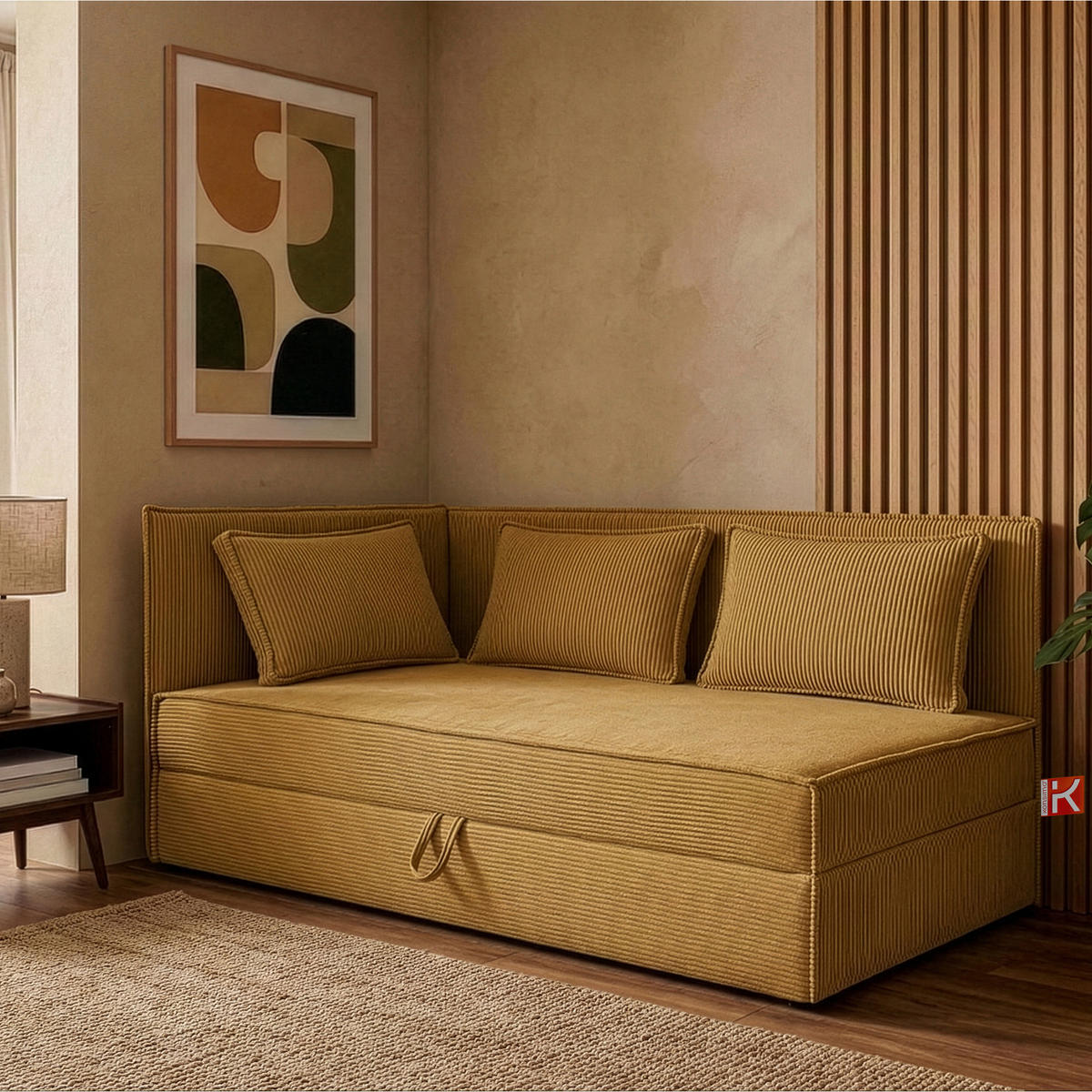 JUGENDBETT ROTI Einzelbett mit Bettkasten, 90x200cm, Bett mit Bonellmatratze, mit Rückenlehne - Gelb/Schwarz, Holz/Holzwerkstoff (92/200cm) - KONSIMO®