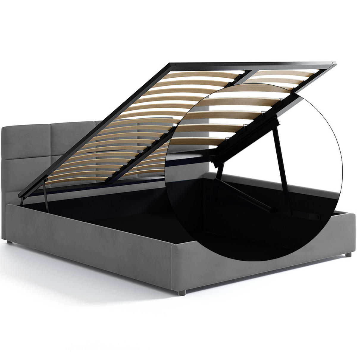 POLSTERBETT 160×200 mit Bettkasten und Lattenrost Mika HLR-22 Grau Velours - Grau, Holz (160/200cm) - Jana