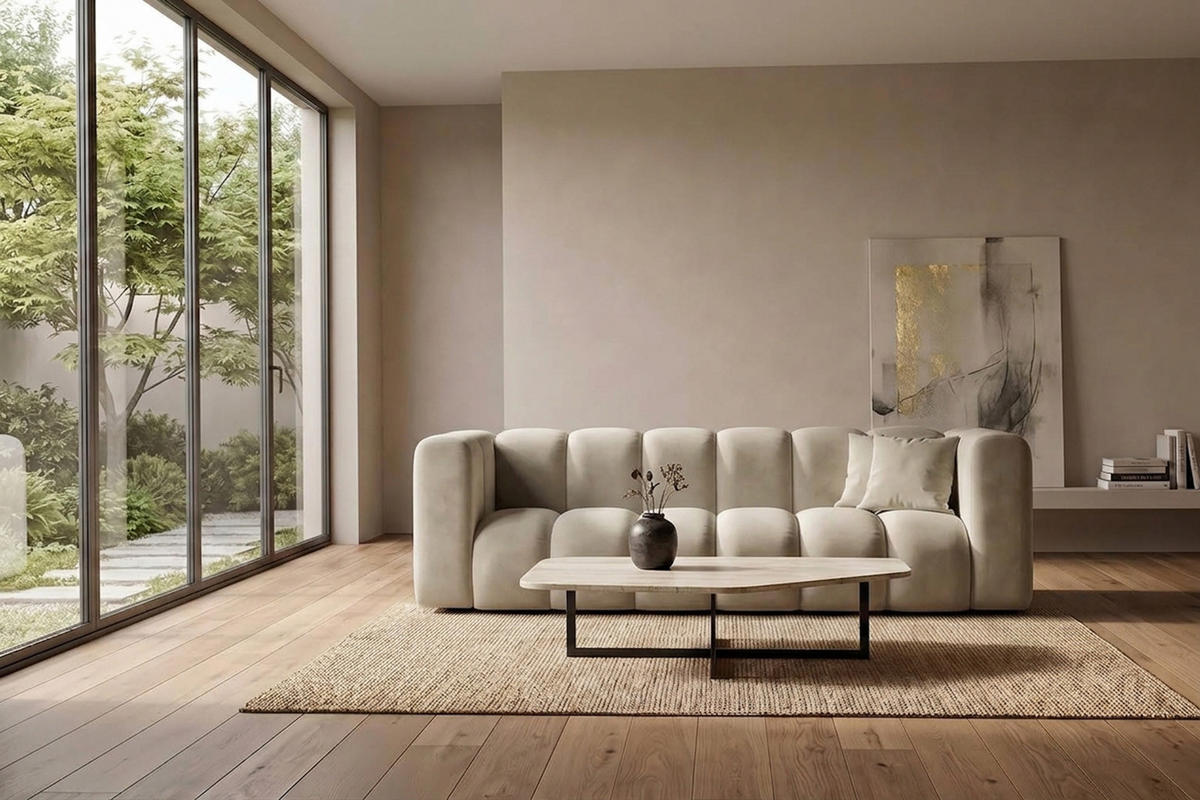 SOFA 3-Sitzer Modulares, Velvet-Stoff Riviera, Beige, GRAND - Beige, Holz (230/70/89cm) - Kaiser Möbel