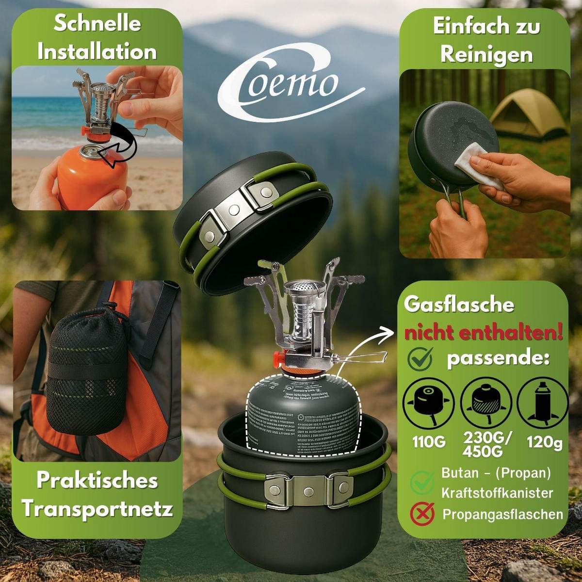 CAMPING-SET 3-tlg. STUHL, DUSCHE, KOCHER - Multicolor, Textil (50/50/50cm) - Coemo