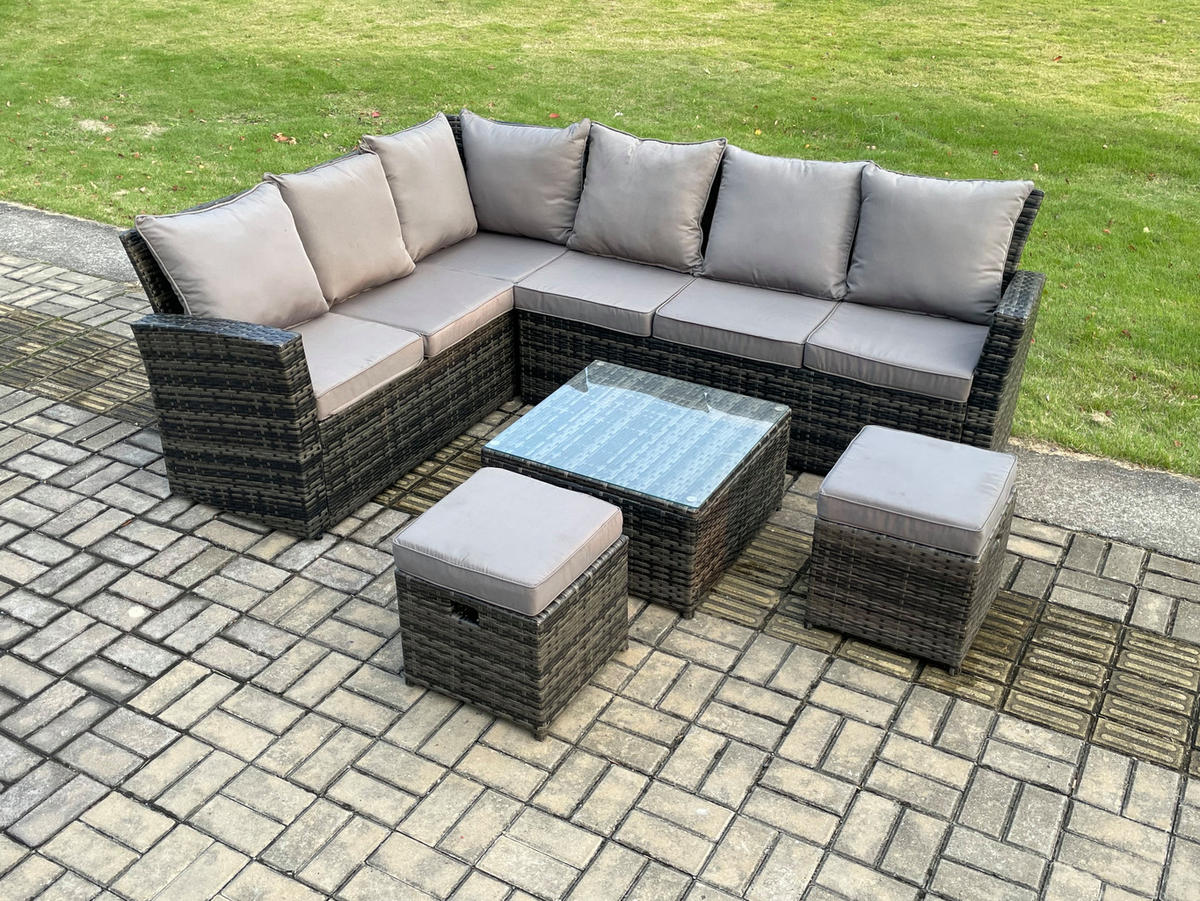 LOUNGEMÖBEL-SETS mit Couchtisch Sofa Polyrattan Dunkelgrau 8-Sitzer - Dunkelgrau/Grau, Glas/Kunststoff - Fimous