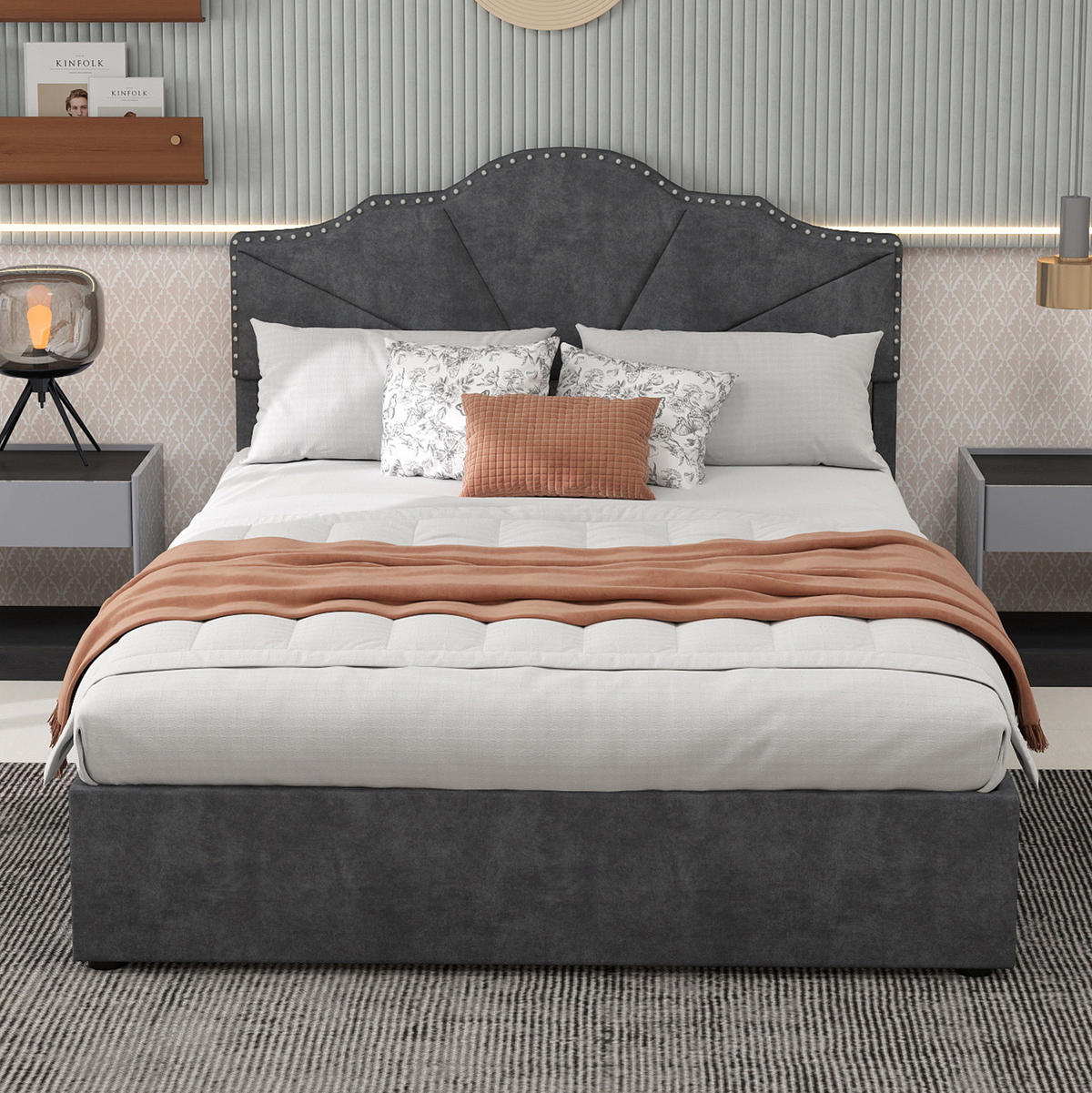 POLSTERBETT 160/200 cm grau aus Stoff und Metall mit Bettkasten - Grau, Textil (160/200cm) - OKWISH