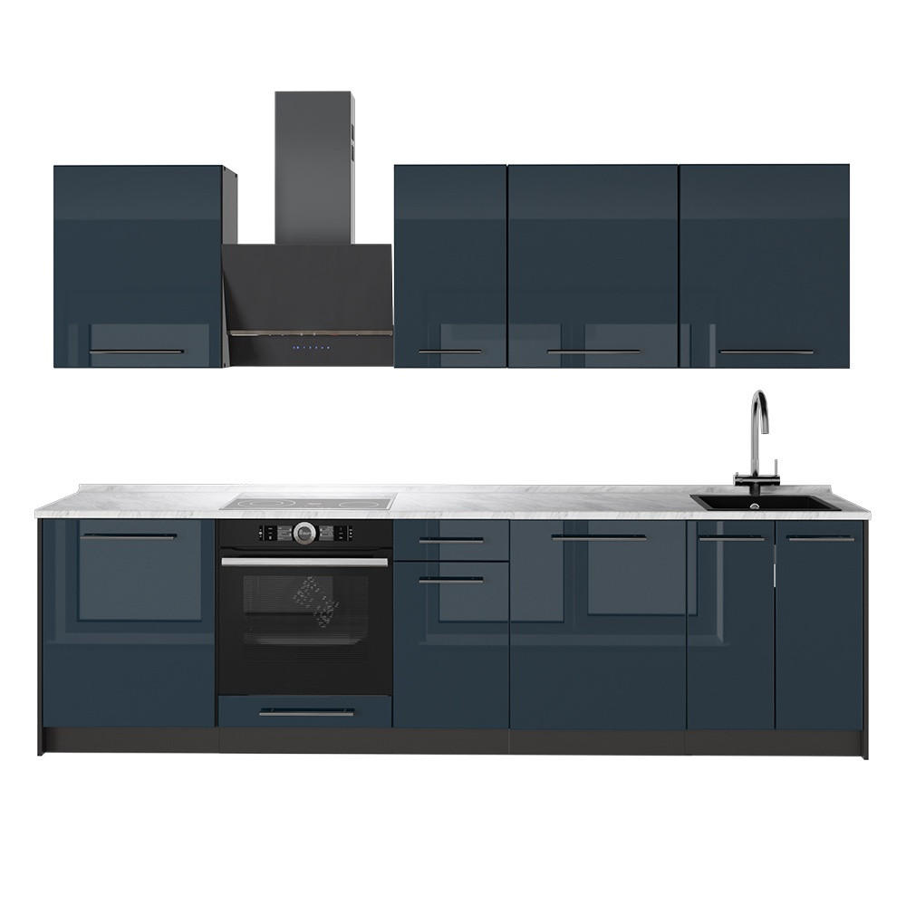 KÜCHENZEILE Fame-Line, Dunkelblau Hochglanz/Anthrazit, 280 cm, AP Marmor - Anthrazit/Dunkelblau, Holzwerkstoff (280/206.8/60cm) - Vicco