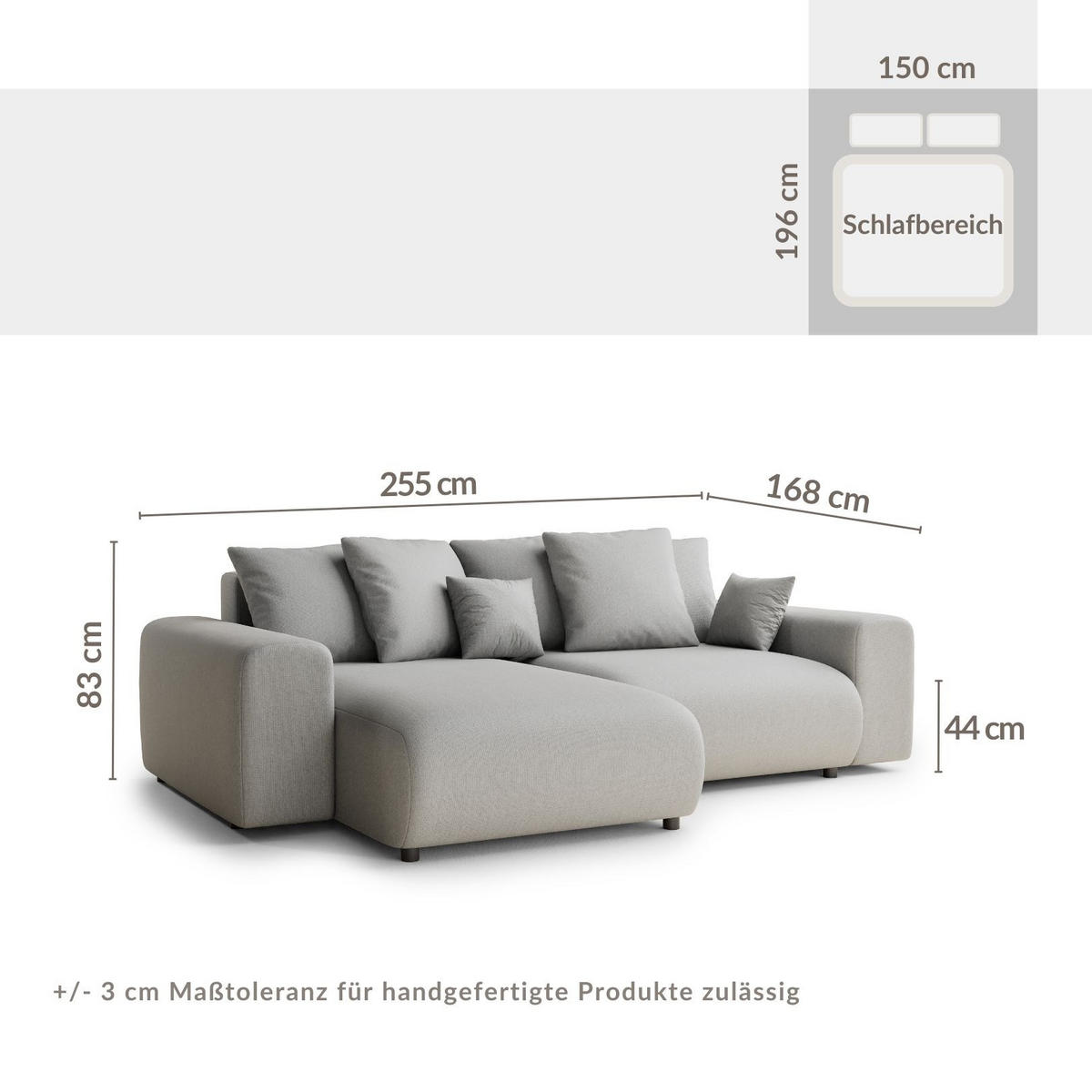 ECKSOFA MIT SCHLAFFUNKTION Solo Beige Webstoff - Beige/Schwarz, Holz/Holzwerkstoff (255/168cm) - Maison de Reve