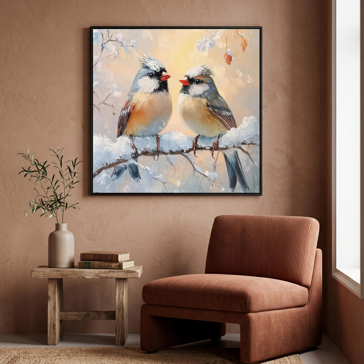 LEINWAND Bilder mit Rahmen - Vögel - Zweig - Winter - Schnee - 90x90 - Pastellblau, Textil (90/90cm) - MuchoWow