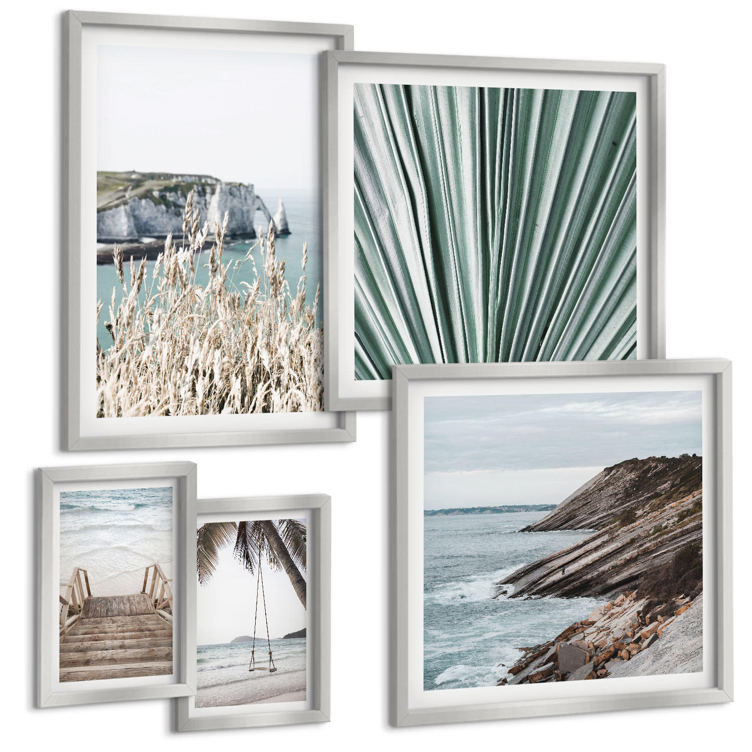 BILDER SET 5er Set - 50x50 cm & 20x30 cm & 40x60 cm Silberner Rahmen - Strandtreppe Schaukel Meer - Silberfarben, Kunststoff (40/60cm) - TULUP