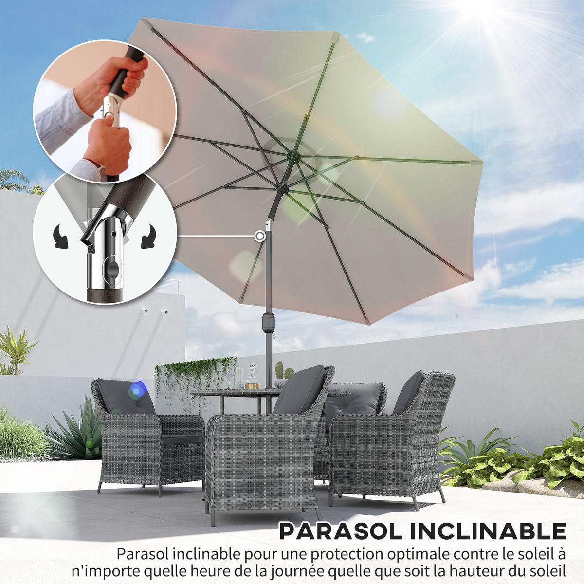 SONNENSCHIRM DE-11412 neigbar, mit Kurbel, Ø 3 m Hellgrau - Hellgrau, Metall (296/295cm) - ComfortXL