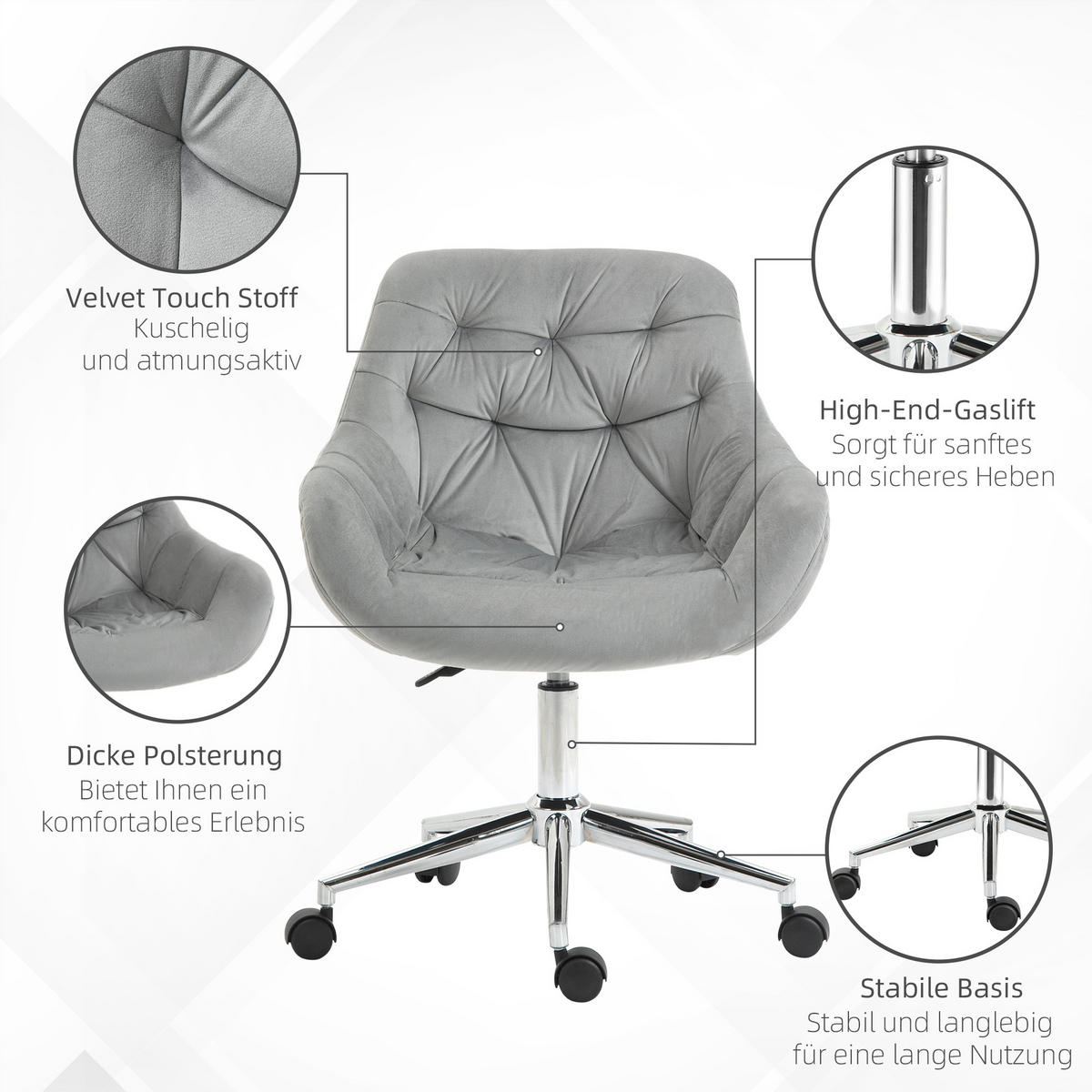 BÜROSTUHL, Chefsessel, Polyester, Grau - Grau, Kunststoff (58/90/59cm) - Vinsetto