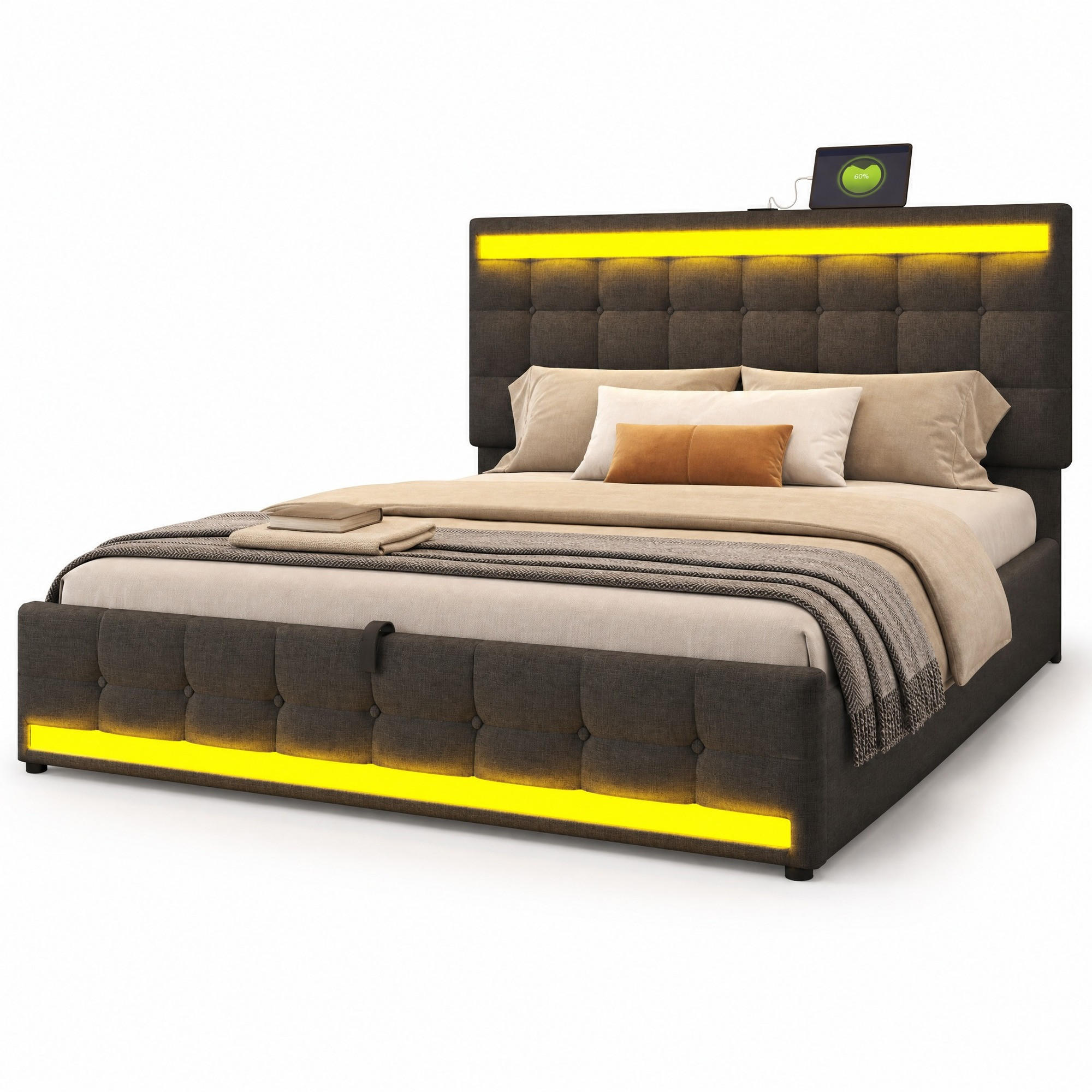 ČALOUNĚNÁ POSTEL 180x200 cm šedá s lněným vzhledem, LED osvětlením a USB portem - šedá, kov/kompozitní dřevo (180/200cm) - WISHDOR