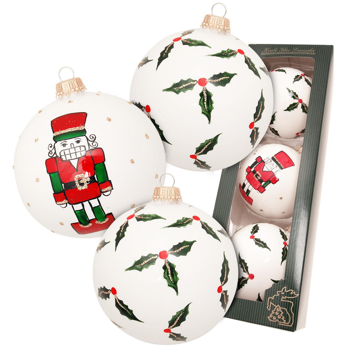 CHRISTBAUMKUGELN Ilex und Nussknacker Weiß 8cm (Glas / 3 Stk.) - Weiß, Glas (8/8/8cm) - Krebs Glas Lauscha