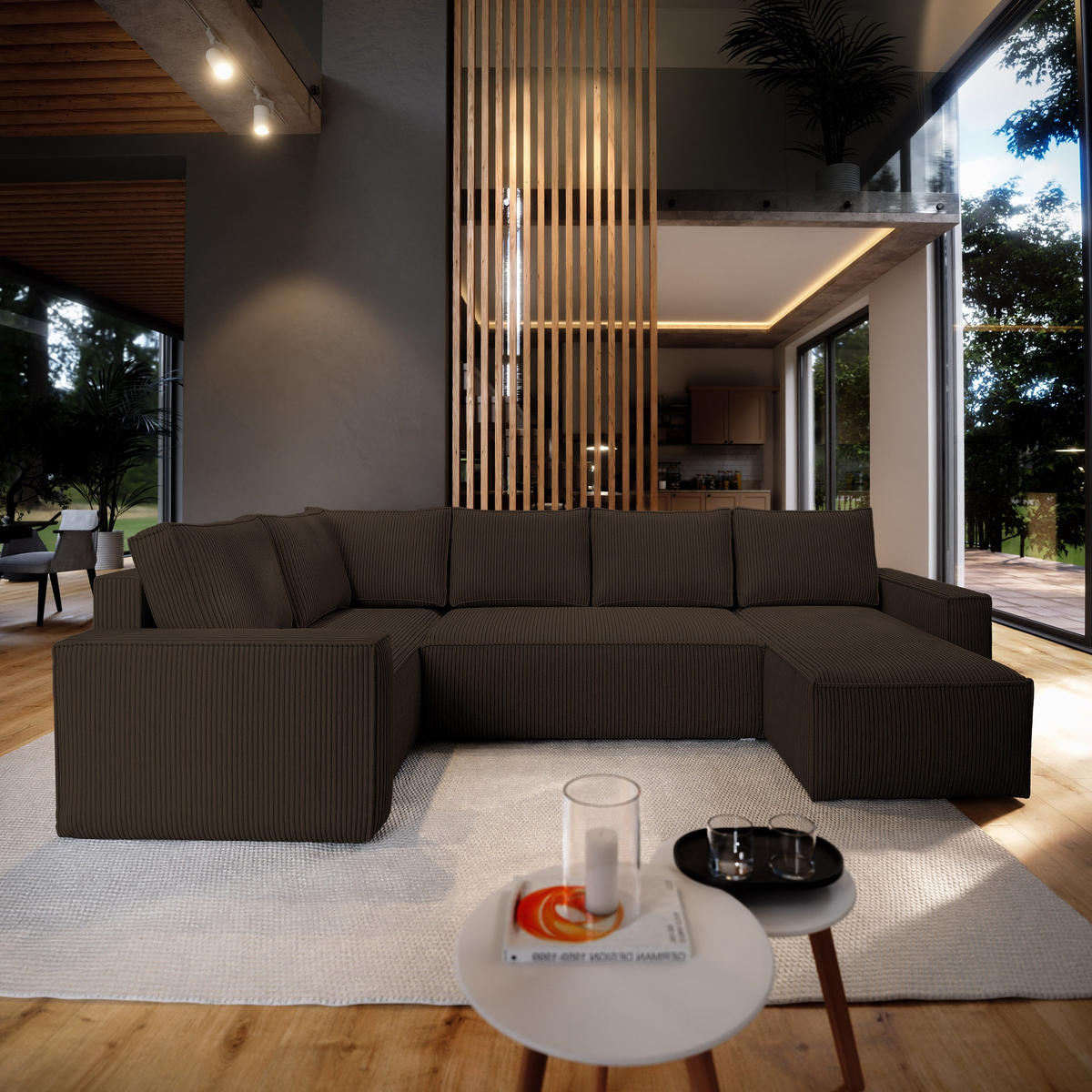 ROHOVÁ SEDAČKA NORENA hnědá - šedá/hnědá, dřevo/textil (295/157.5cm) - MASSENO