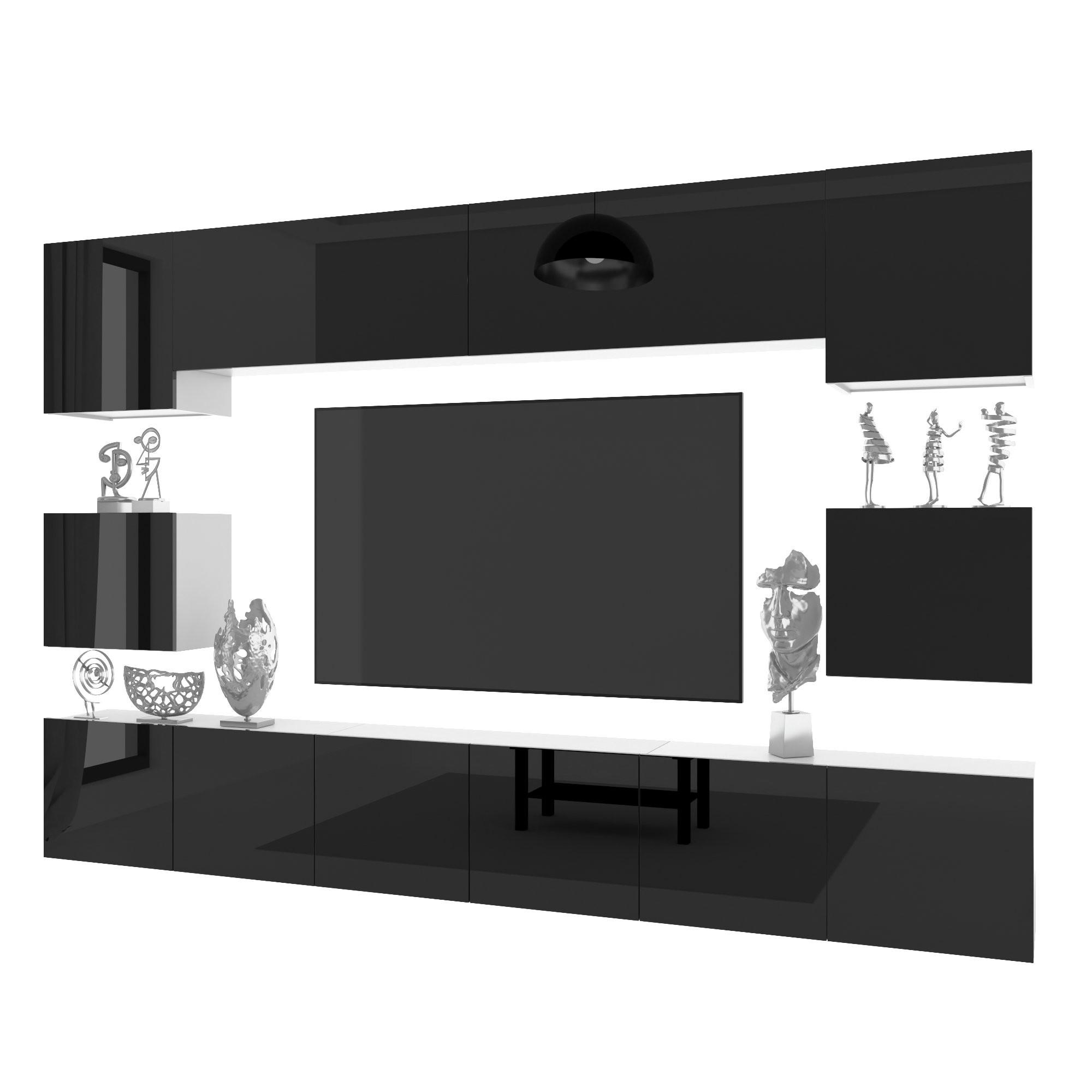 WOHNWAND Milano 3, Schwarz Hochglanz, 300 cm, Grifflos - Schwarz, Holz (300/60/36cm) - B BELINI GROUP