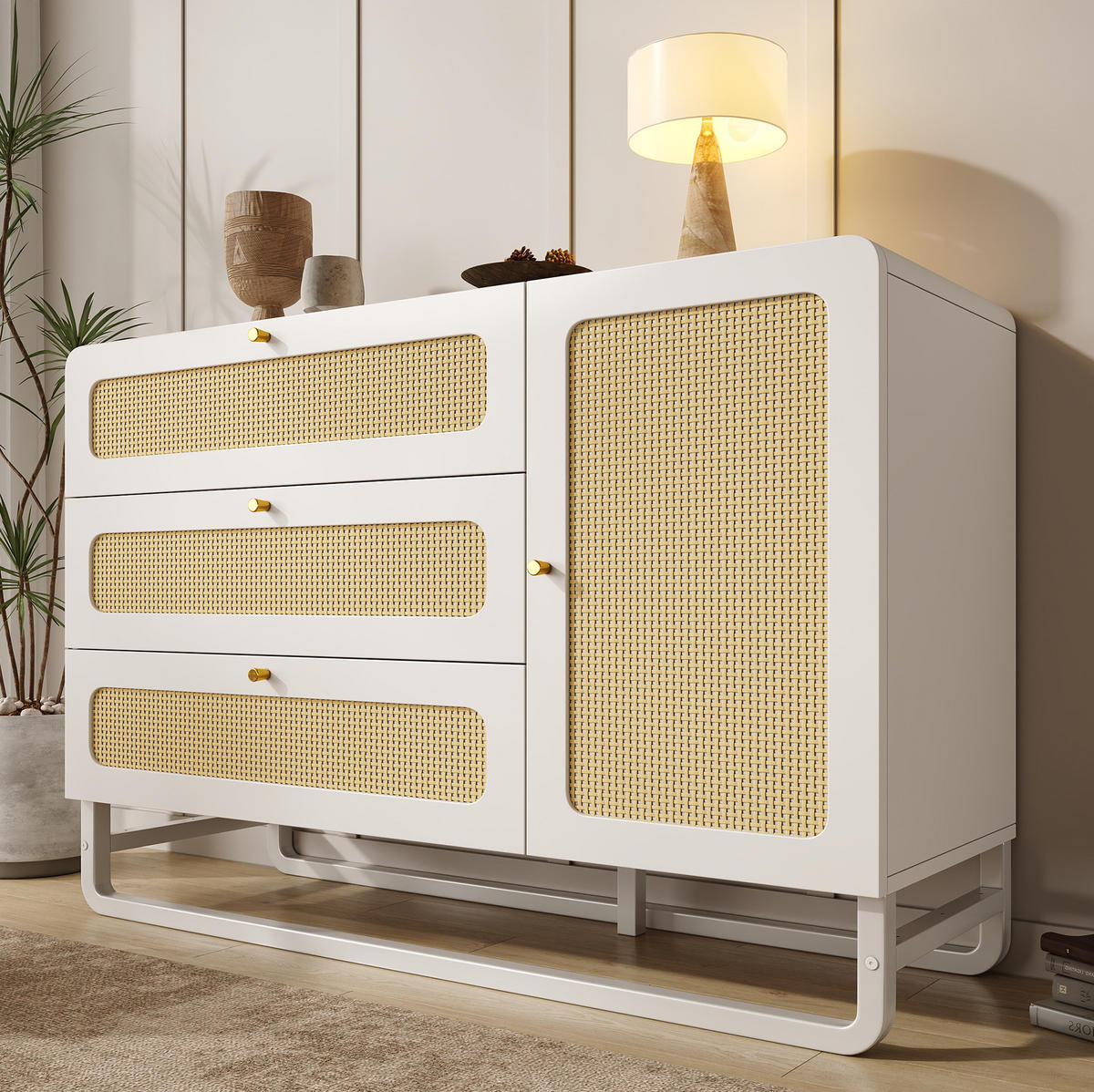 SIDEBOARD aus Holz und Metall 120x40x85 cm Weiß mit Rattanfronten, 3 Schubladen, Türschrank und verstellbaren Einlegeböden - Weiß, Metall (120/85/40cm) - Modfu