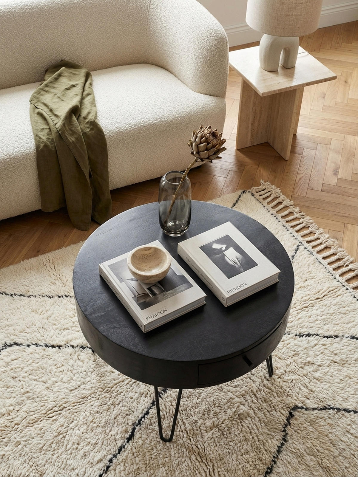 COUCHTISCH Rund Mango Massivholz Metall, 60x60x43 cm, mit Schublade, Stauraum und Haarnadelbeinen - Schwarz, Holz/Metall (60/60/43cm) - KADIMA DESIGN