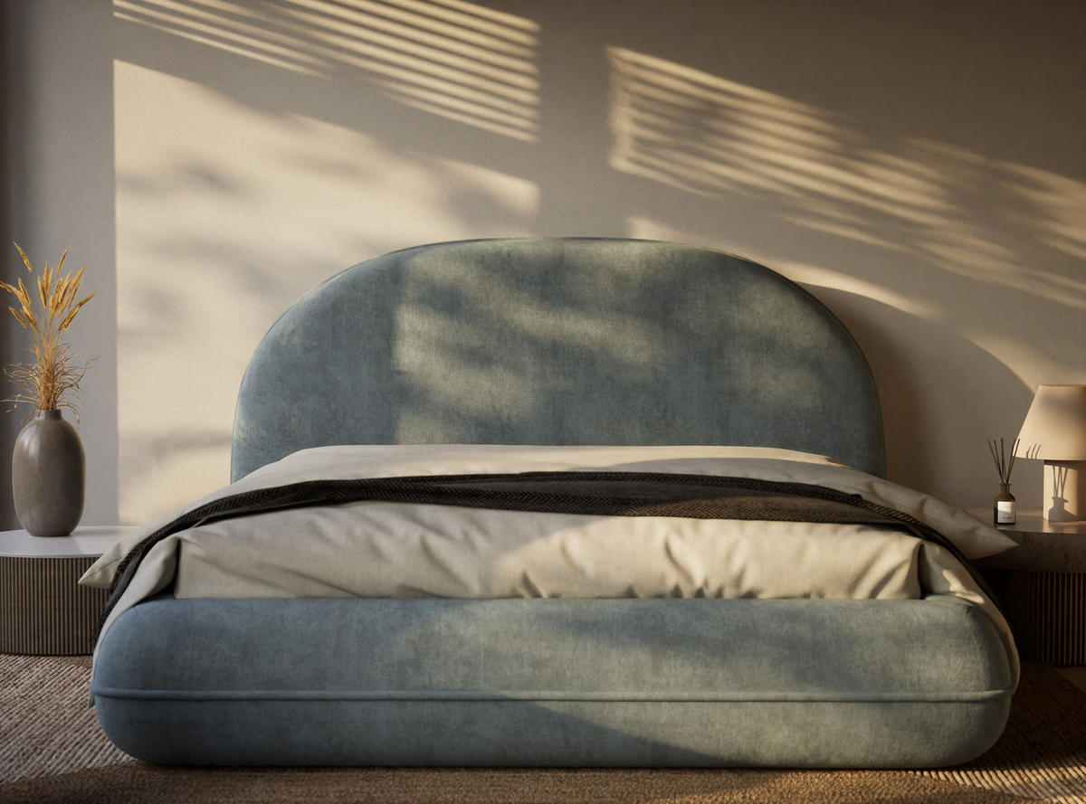 POLSTERBETT Koji Hellblau 180/200 cm im Chenille-Stoff - Schwarz/Naturfarben, Holz/Holzwerkstoff (180/200cm) - Maison de Reve