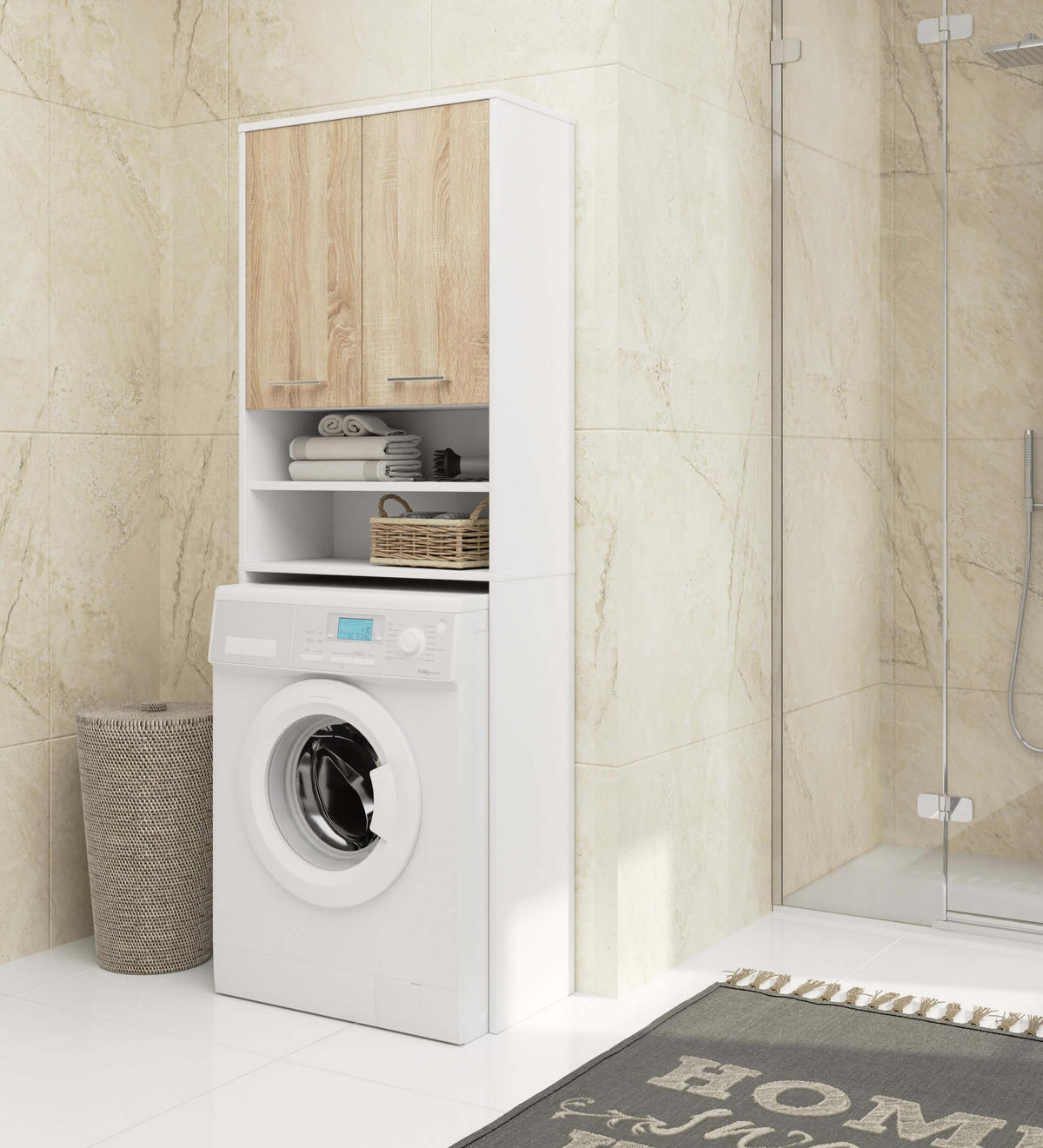 WASCHMASCHINENSCHRANK Weiß, Sonoma Eiche 64x30x180 cm - Silberfarben/Weiß, Holzwerkstoff/Kunststoff (64/180/30cm) - Akord