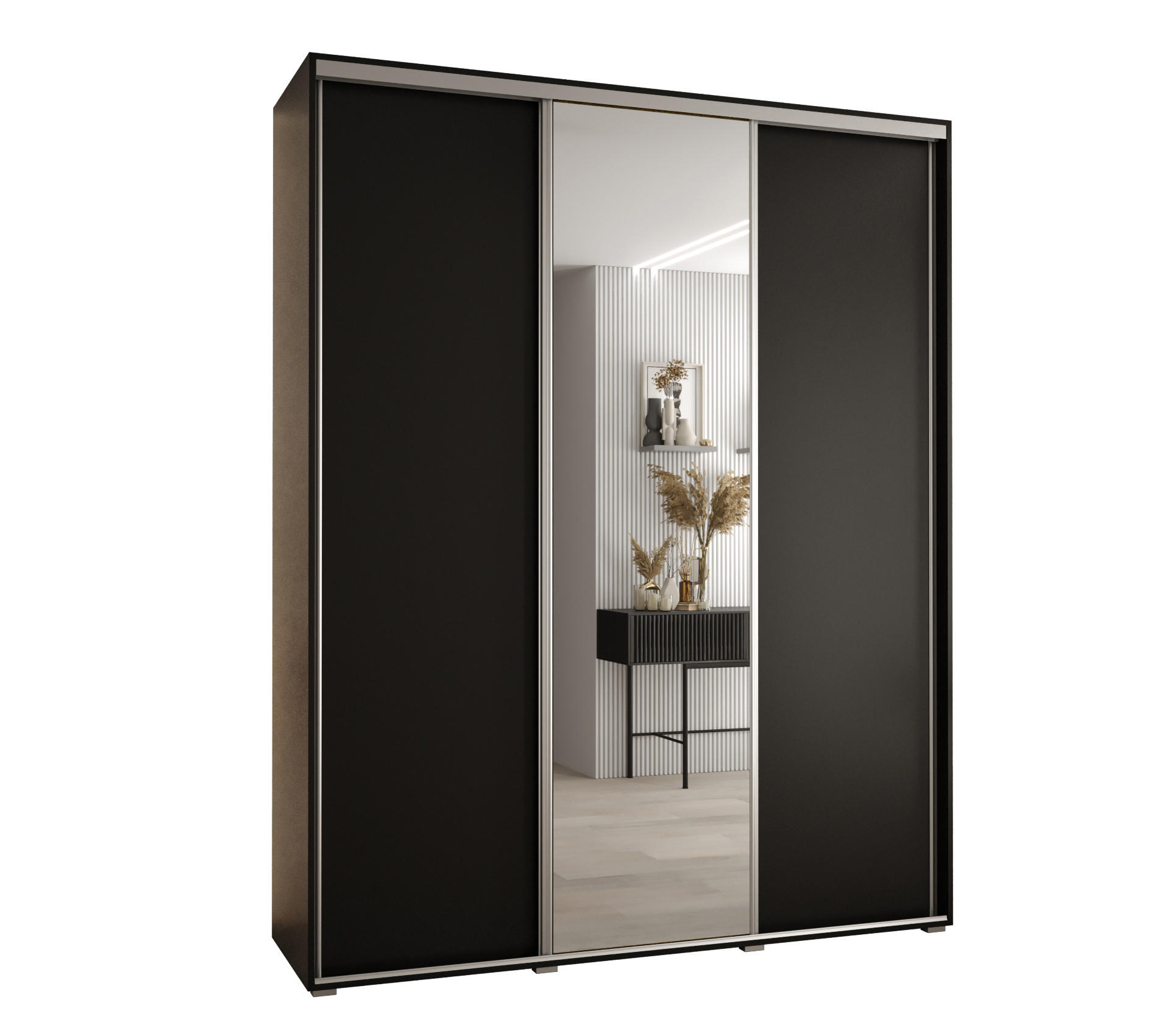 Abiks Möbel Schwebetürenschrank Schwarz, Schwarz, Silber 200x235x45 cm