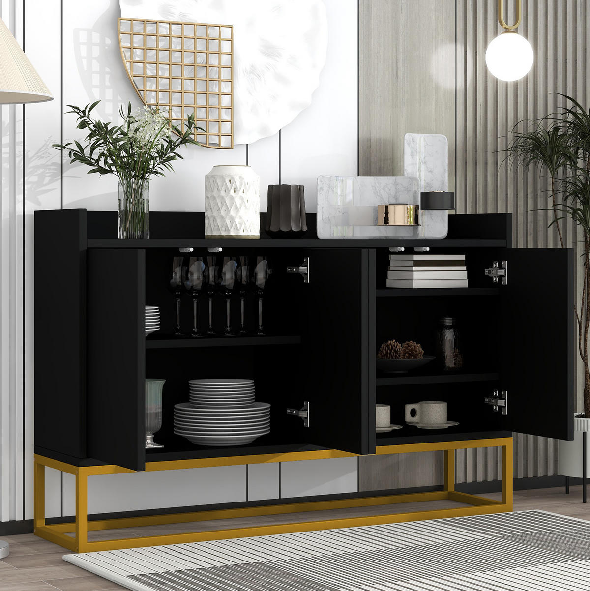 SIDEBOARD 120/30/80 cm in Schwarz mit 4 Türen und verstellbaren Einlegeböden - Schwarz, Holzwerkstoff (120/80/30cm) - Flora Grace