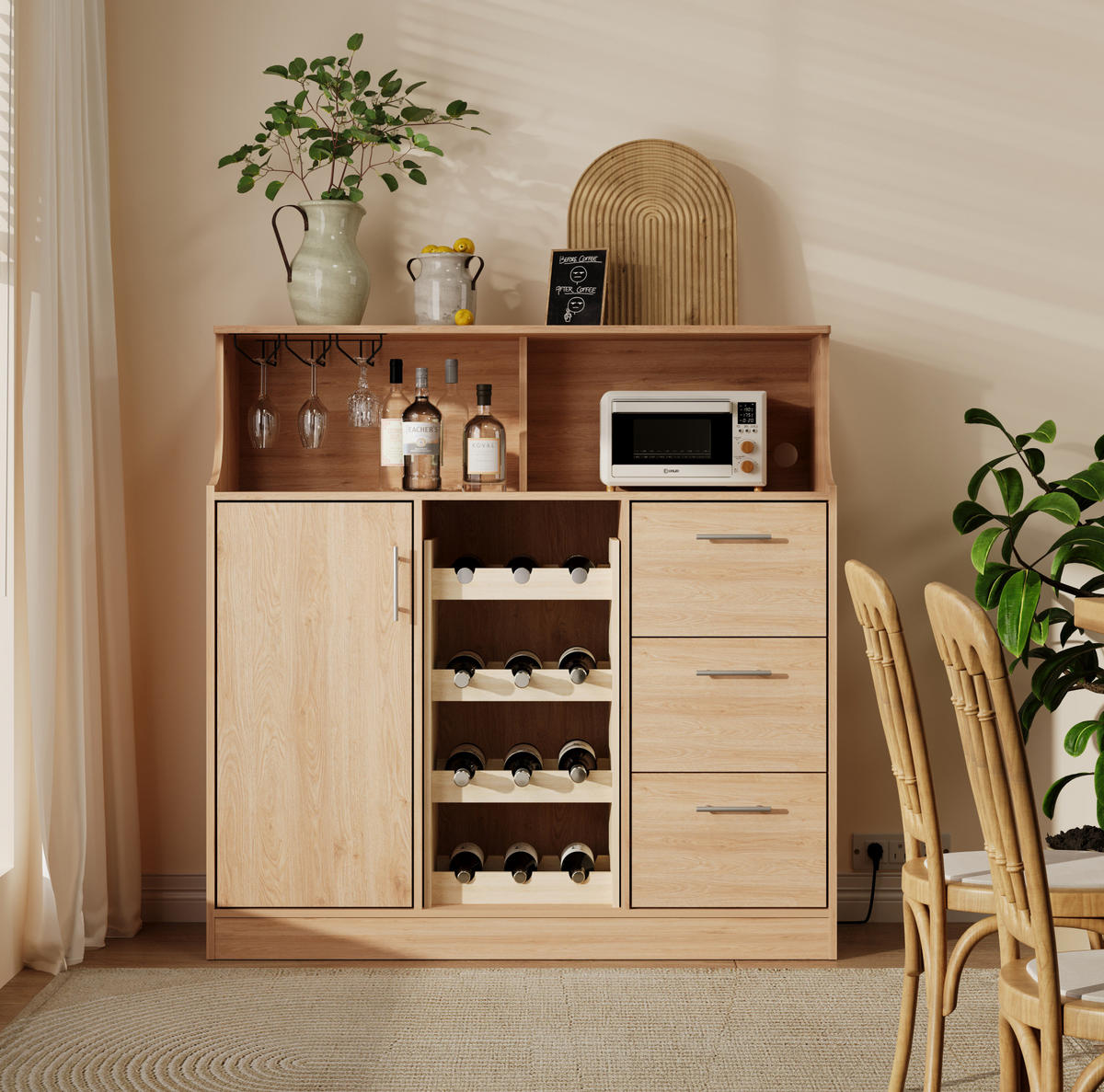 SIDEBOARD 120/40/121 cm mit LED-Beleuchtung, Steckdose, Weinregal und Glashalter, Natur/Weiß - Weiß, Holzwerkstoff (120/121/40cm) - Redom