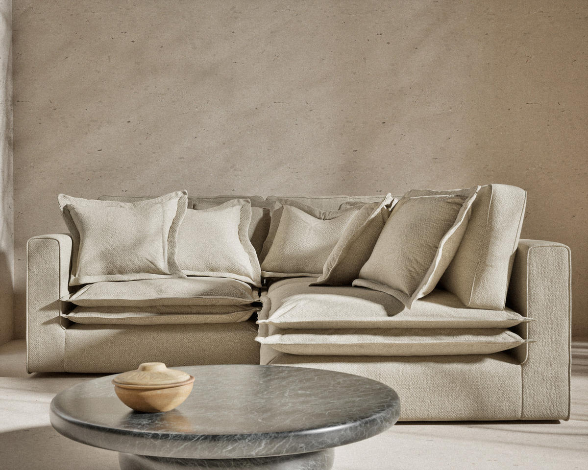 ECKSOFA Amalfi Beige Grau Chenille-Stoff - Beige/Schwarz, Holz/Holzwerkstoff (238/222cm) - Maison de Reve
