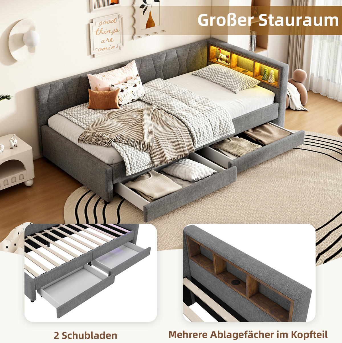 KREVET 90/200 cm s LED ambijentalnim osvjetljenjem, USB+Type C priključkom, ladicama i pretincima, lan, Siva - siva, tekstil (90/200cm) - Redom