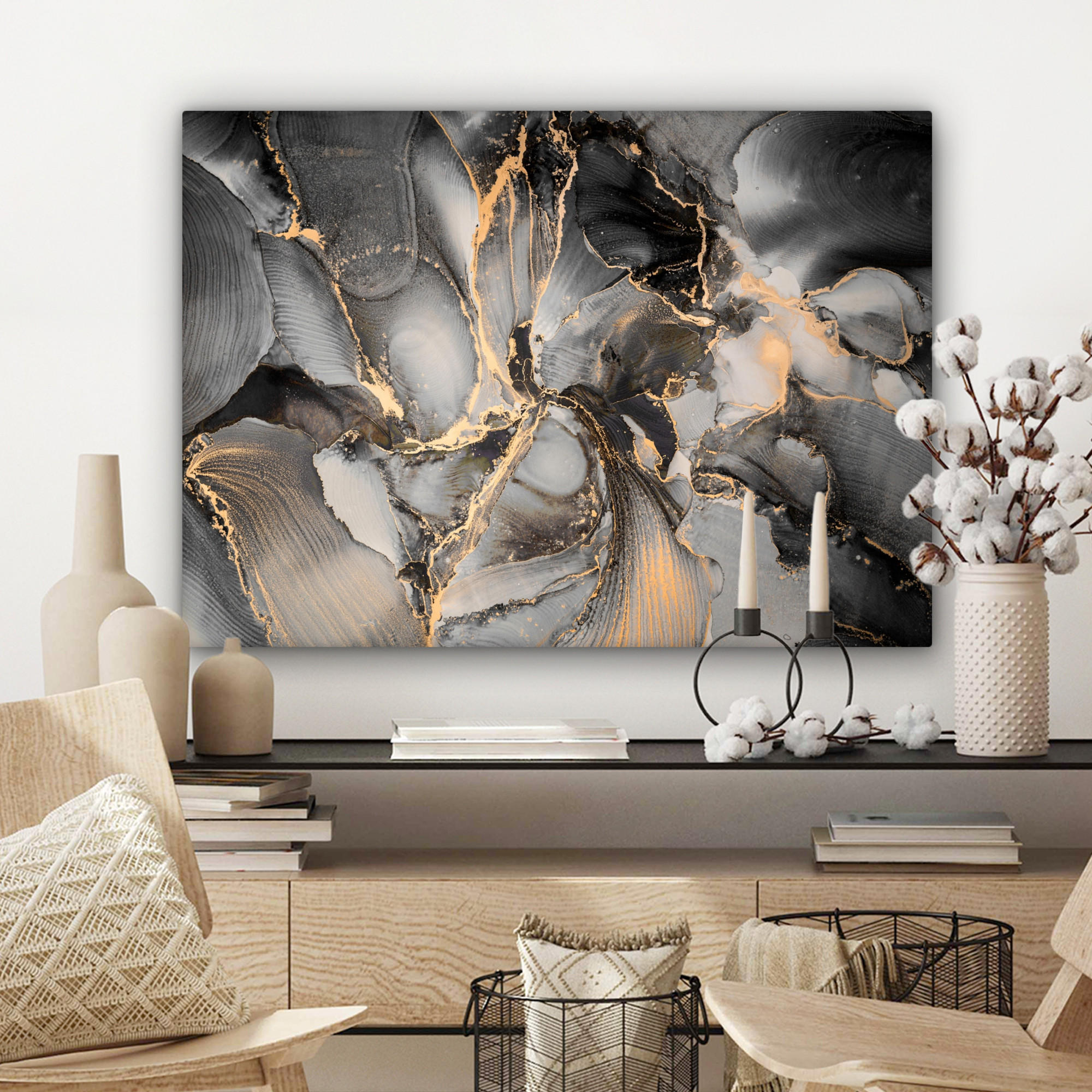 LEINWANDBILD Grau - Luxus - Gold - Marmor Wandbilder 80x60 cm - Dunkelgrau, Textil (80/60cm) - MuchoWow