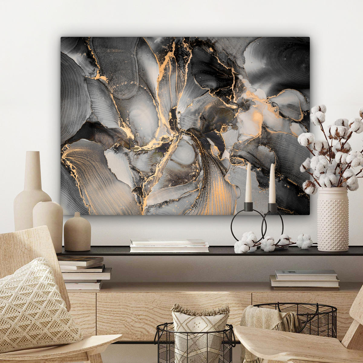 LEINWANDBILD Grau - Luxus - Gold - Marmor Wandbilder 80x60 cm - Dunkelgrau, Textil (80/60cm) - MuchoWow