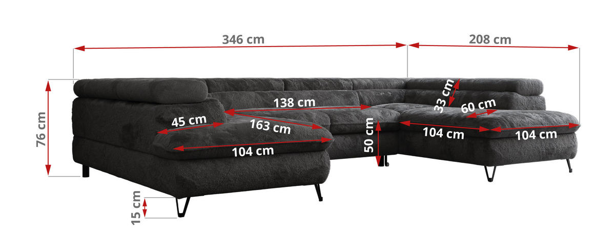 WOHNLANDSCHAFT PEDRO U Plüsch Anthrazit - Anthrazit/Schwarz, Textil/Metall (346/76/208cm) - MKS