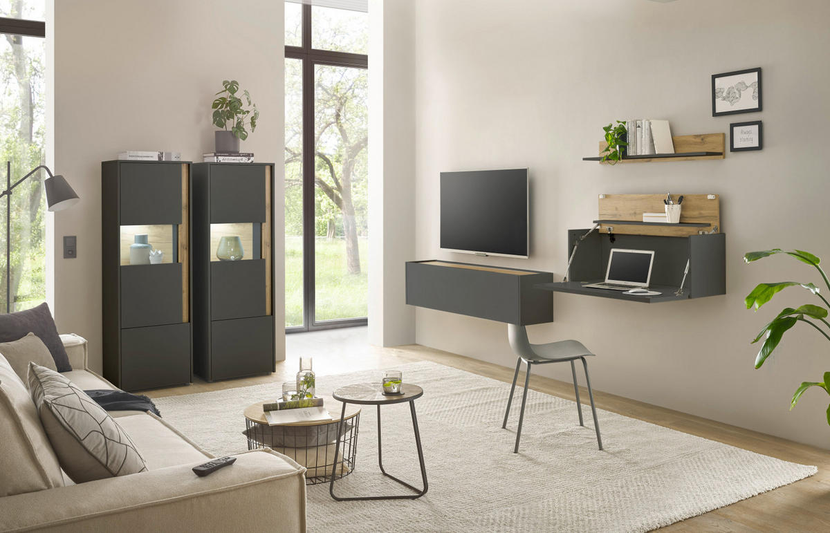 WOHNWAND grau matt, Eiche Wotan 410 cm, Wohnkombination mit Sekretär - Eiche Wotan/Grau, Holzwerkstoff/Kunststoff (410/170/40cm) - Furn.Design