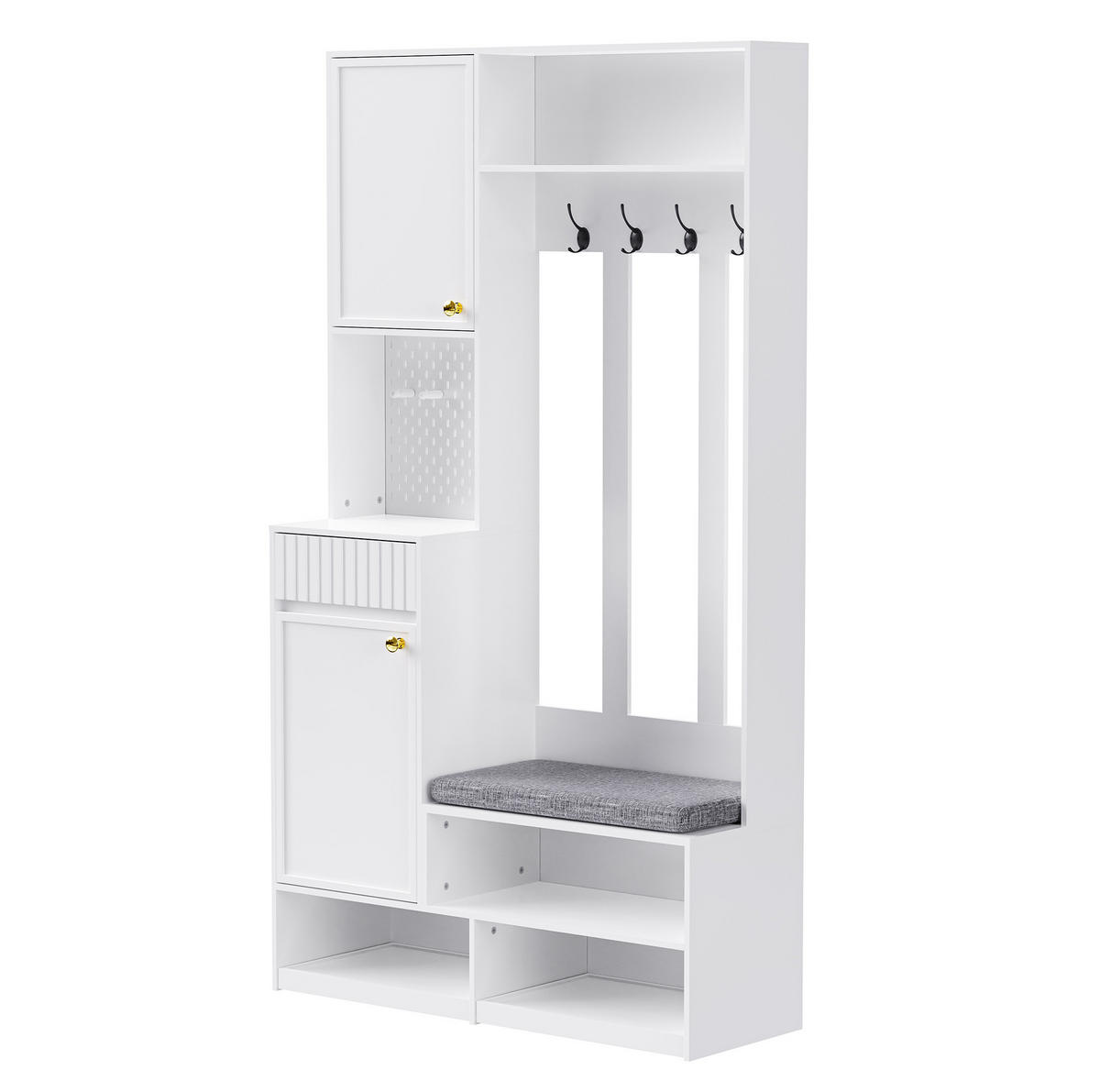 GARDEROBENSET 100/35/180 cm weiß aus MDF mit Sitzbank und Haken - Weiß, Holzwerkstoff (100/180/35cm) - OKWISH