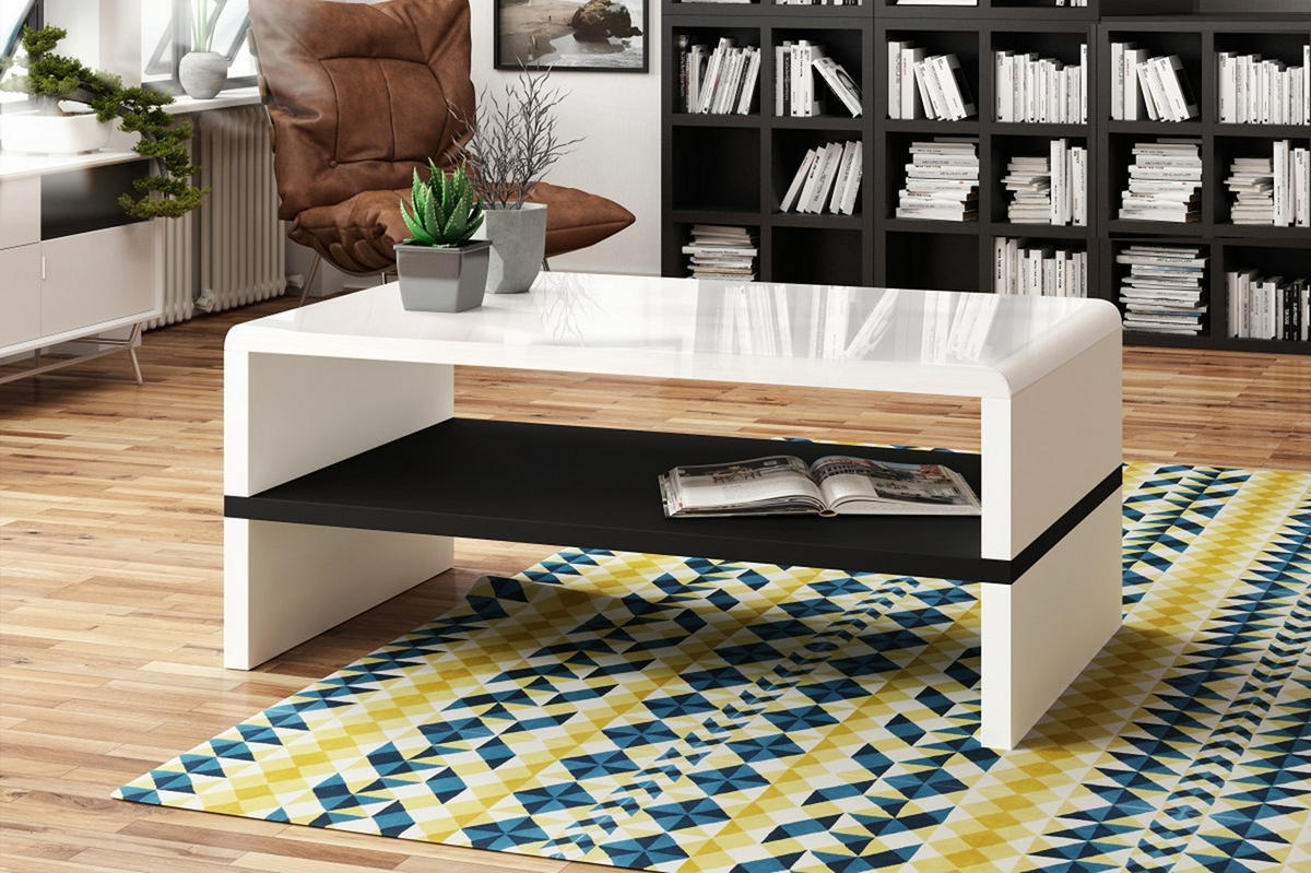 COUCHTISCH rechteckig Weiß Hochglanz Schwarz Ablage - Weiß Hochglanz/Schwarz, Holzwerkstoff (60/100/43cm) - designimpex