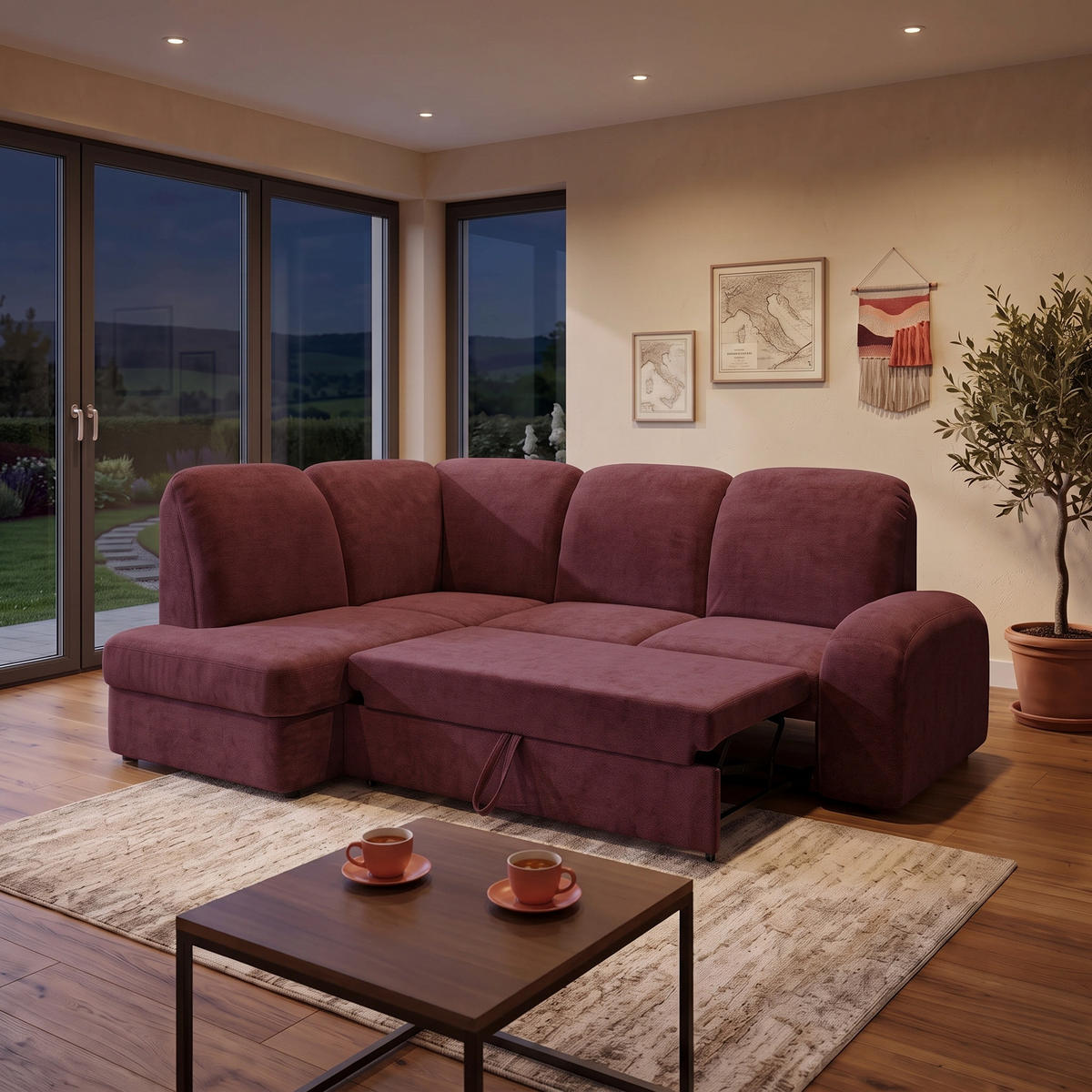 ECKSOFA VIBE L Links mit Schlaffunktion 129x205 Chenille Bordeaux - Bordeaux/Schwarz, Holz/Kunststoff (186/250cm) - Muffo