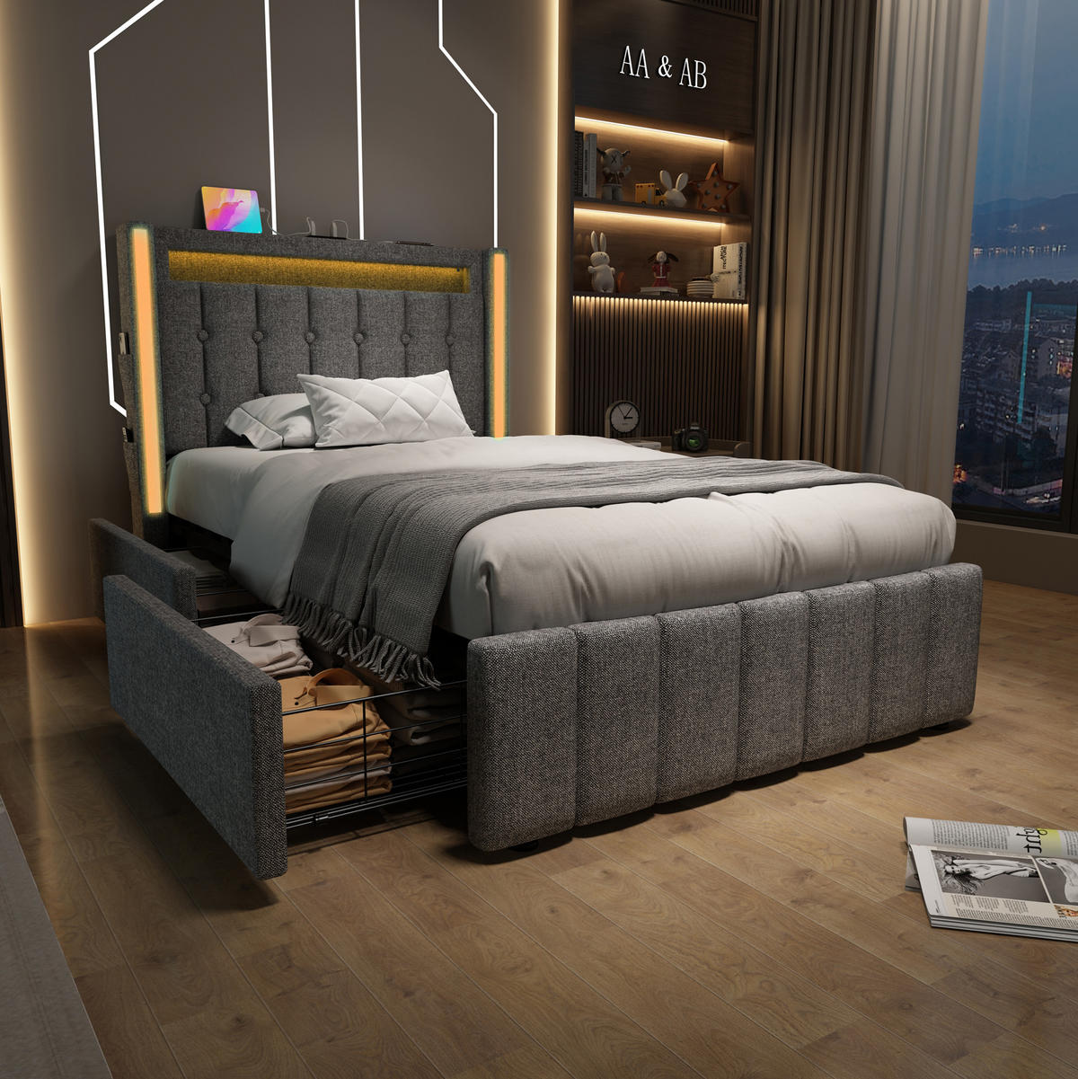 POLSTERBETT 90/200 cm Grau mit LED-Beleuchtung, Schubladen und USB- und Type-C-Anschlüssen - Grau, Textil (90/200cm) - Flora Grace