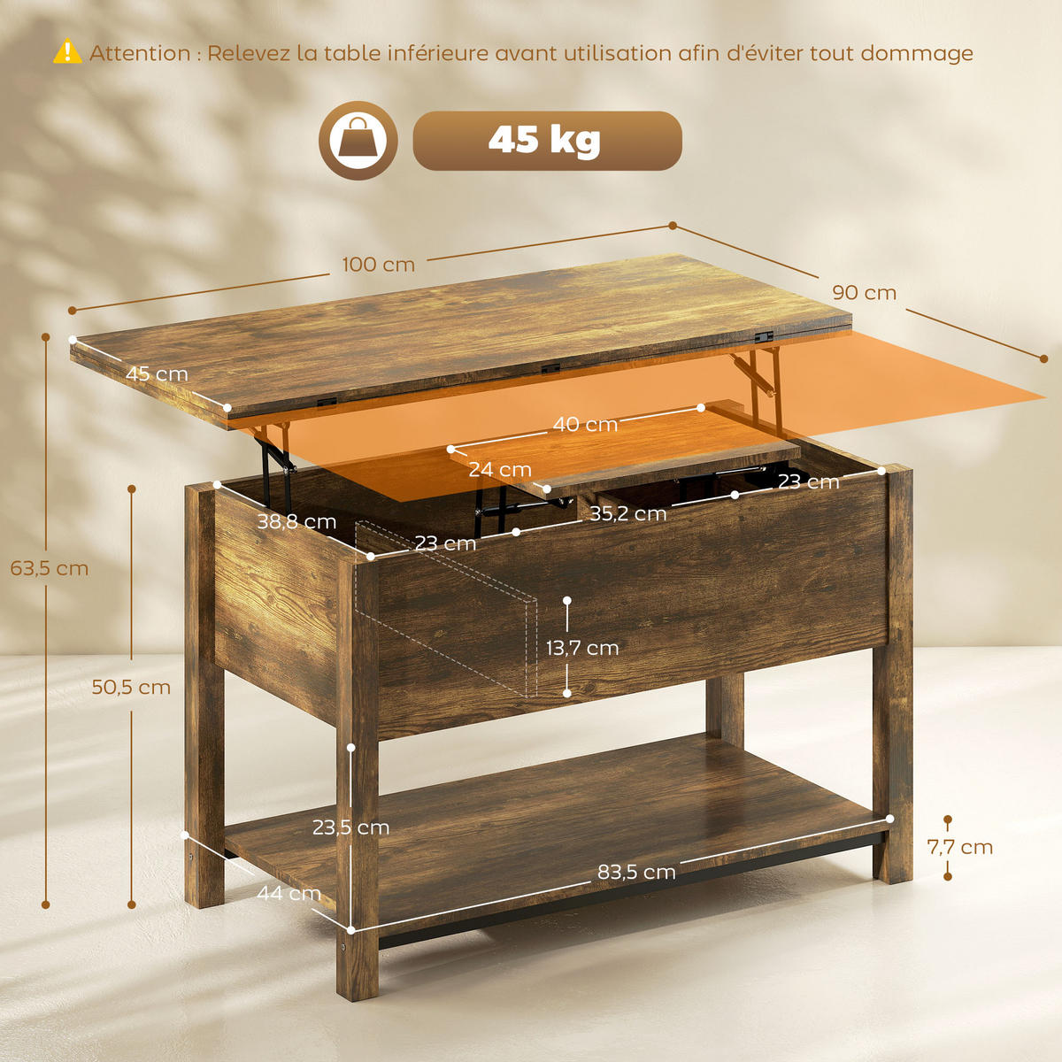 COUCHTISCH DE-15833 2 klappbare Platten Rostbraun - Braun, Holzwerkstoff (100/90/63.5cm) - ComfortXL