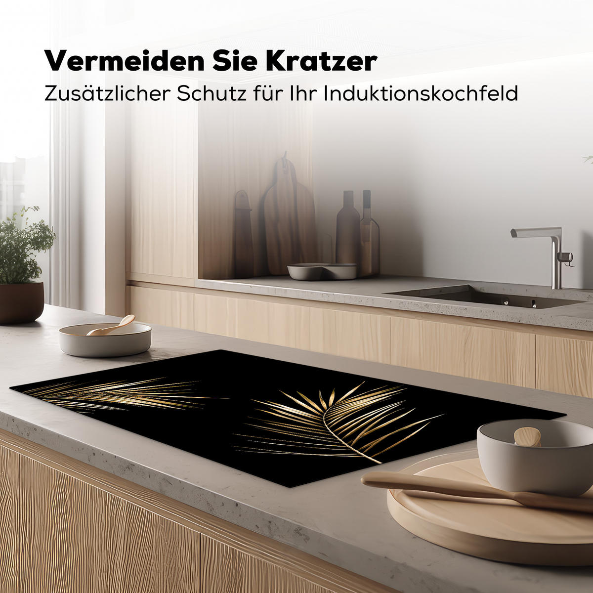 HERDABDECKPLATTE Blätter - Pflanzen - Gold - Schwarz - Luxus 91x52 cm - Goldfarben, Kunststoff (91.6/52.7/0.2cm) - MuchoWow